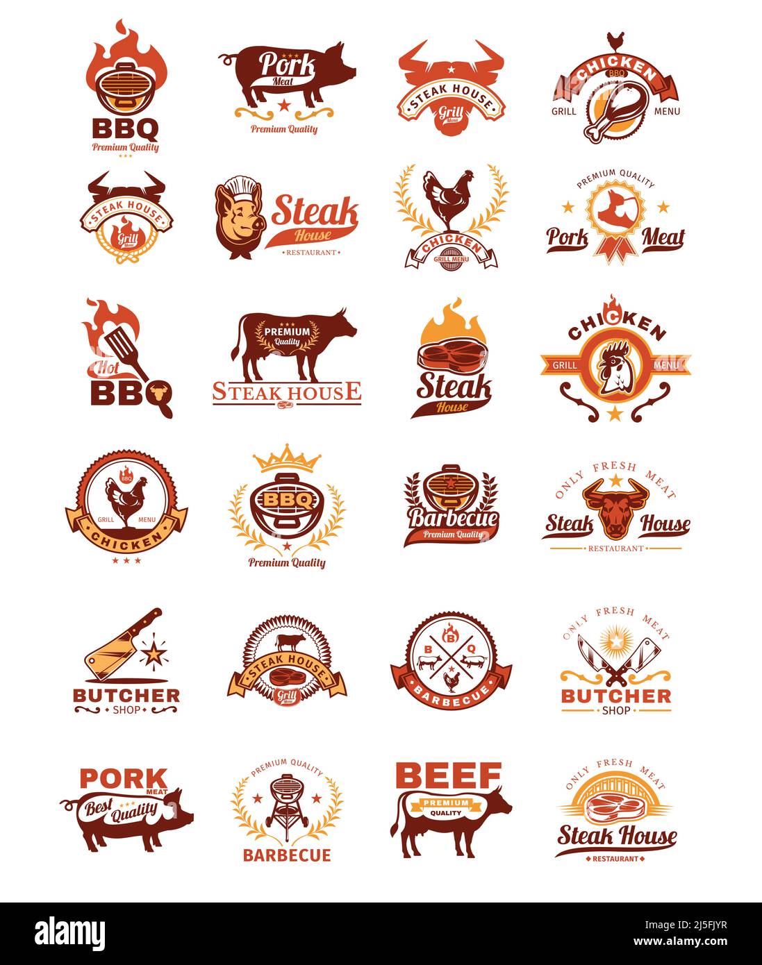 Set of vector color grill and barbecue badges, stickers, emblems ...