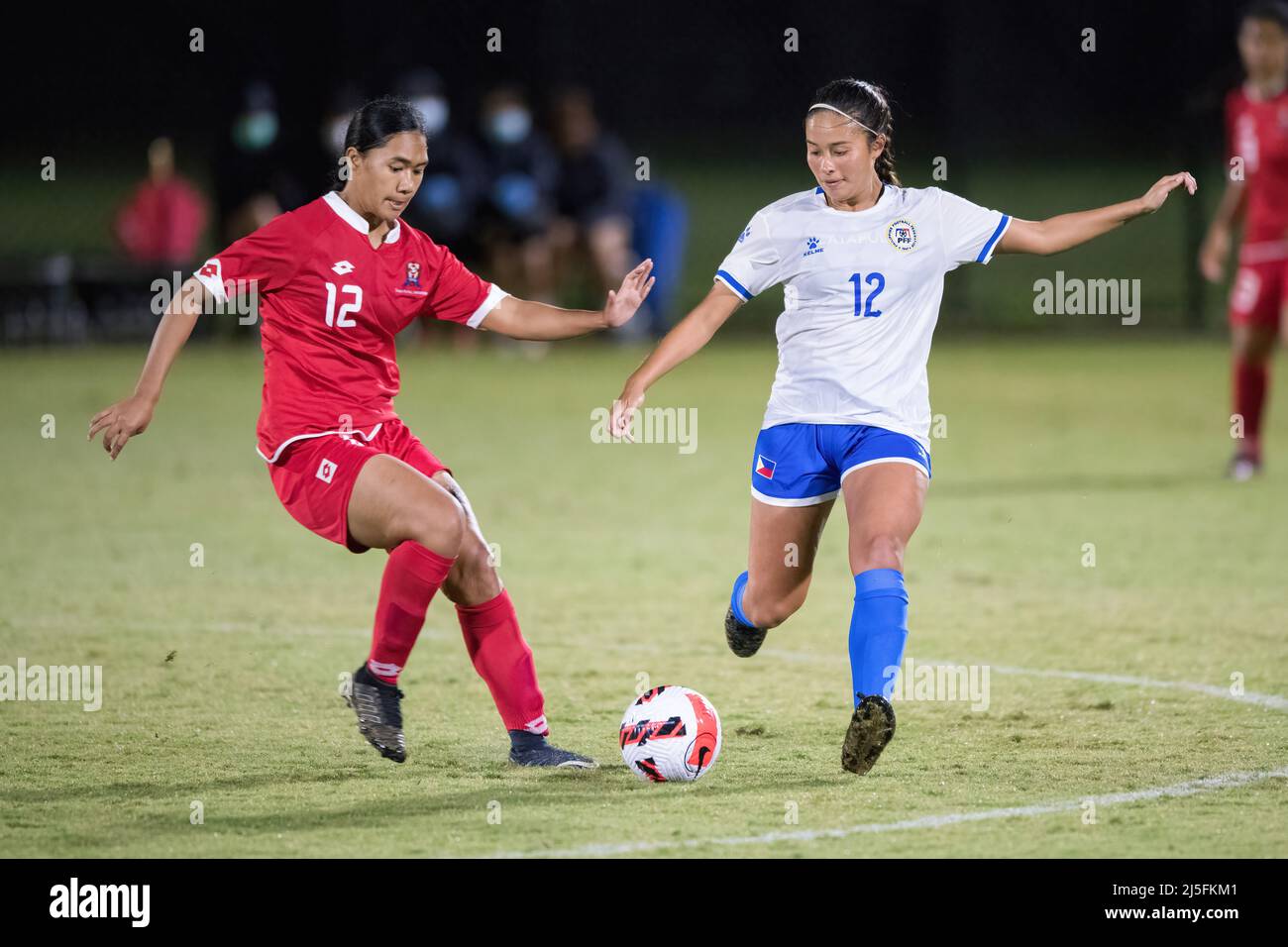 Blacktown, Australia. 22nd Apr, 2022. Lositika Feke (L) of the Tonga Women's Team and Kaya Hawkinson (R) of the Philippine National Women's Team seen during the Friendly match between Philippine National Women's Team and Tonga at the Wanderers Football Park in Blacktown. (Final score; Philippines 16:0 Tonga). Credit: SOPA Images Limited/Alamy Live News Stock Photo