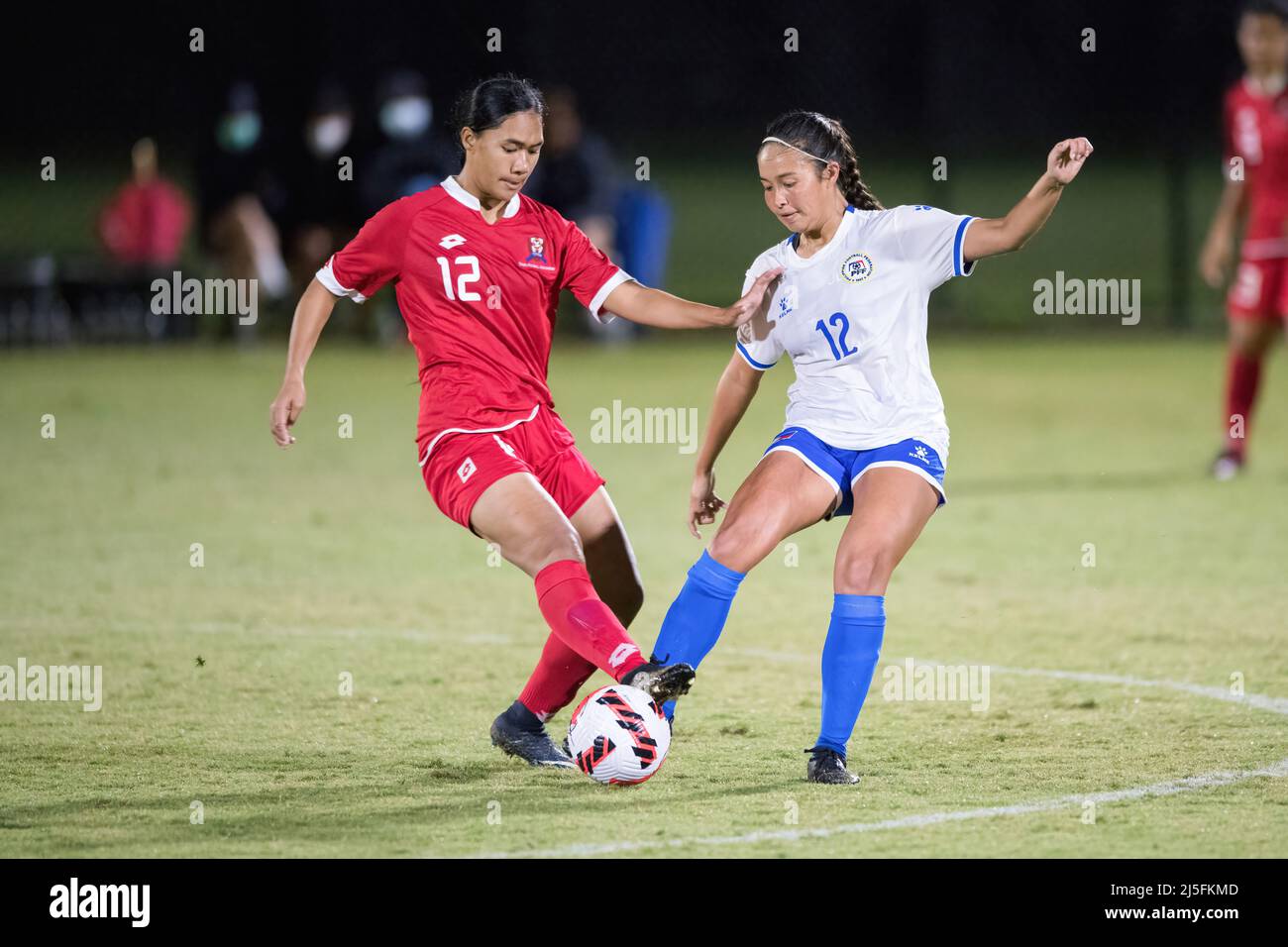 Blacktown, Australia. 22nd Apr, 2022. Lositika Feke (L) of the Tonga Women's Team and Kaya Hawkinson (R) of the Philippine National Women's Team seen during the Friendly match between Philippine National Women's Team and Tonga at the Wanderers Football Park in Blacktown. (Final score; Philippines 16:0 Tonga). Credit: SOPA Images Limited/Alamy Live News Stock Photo