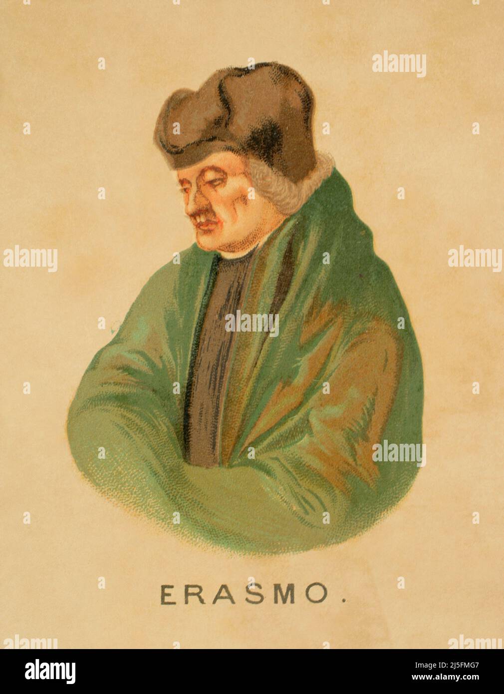 Erasmus (c. 1466-1536). Dutch theologian, philosopher and humanist. Portrait. Chromolithography. Historia Universal, by César Cantú. Volume VIII. Published in Barcelona, 1886. Stock Photo