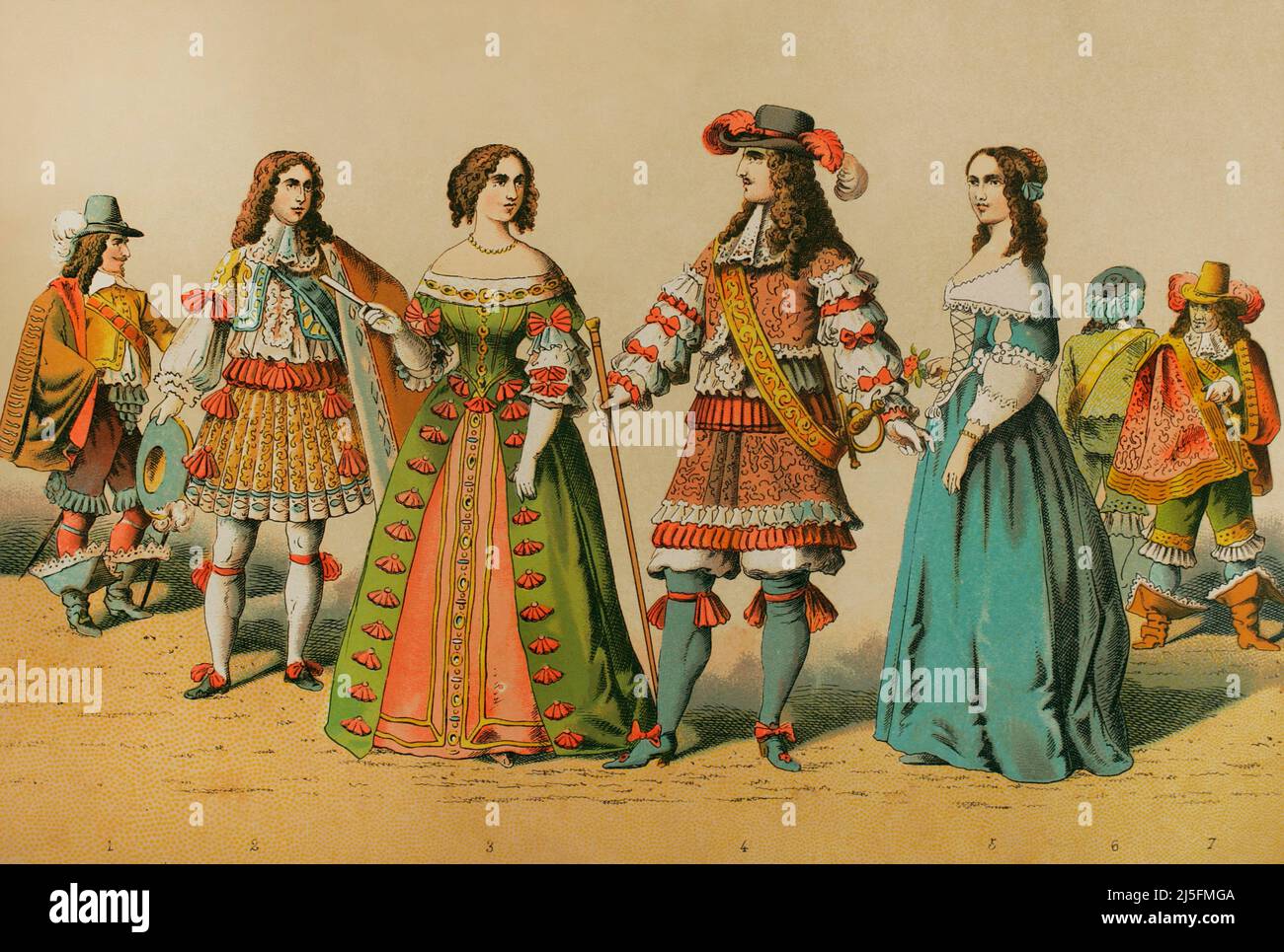 History of France (1600-1670). From left to right: musketeer, Philippe of Orleans, Queen consort Maria Theresa of Austria (1638-1683), King Louis XIV (1638-1715), court lady and two other musketeers in the background. Chromolithography. Historia Universal, by César Cantú. Volume VIII. Published in Barcelona, 1886. Stock Photo