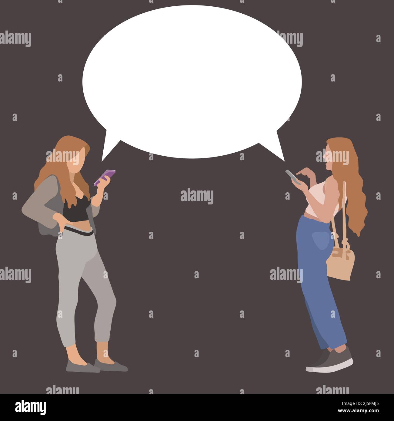 Young girls use phones. Chatting and texting on smartphones. Vector illustration Stock Vector
