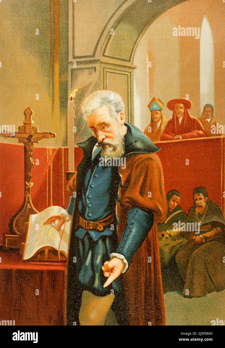 Galileo Galilei (1564-1642). Italian astronomer, mathematician and physicist. On 22 June 1633, Galileo was forced to abjure his doctrine before an inquisitorial tribunal, under the mandate of Pope Urban VIII. The trial was held at the Dominican convent of Santa Maria sopra Minerva in Rome. Chromolithography. Historia Universal, by César Cantú. Volume VIII. Published in Barcelona, 1886. Stock Photo
