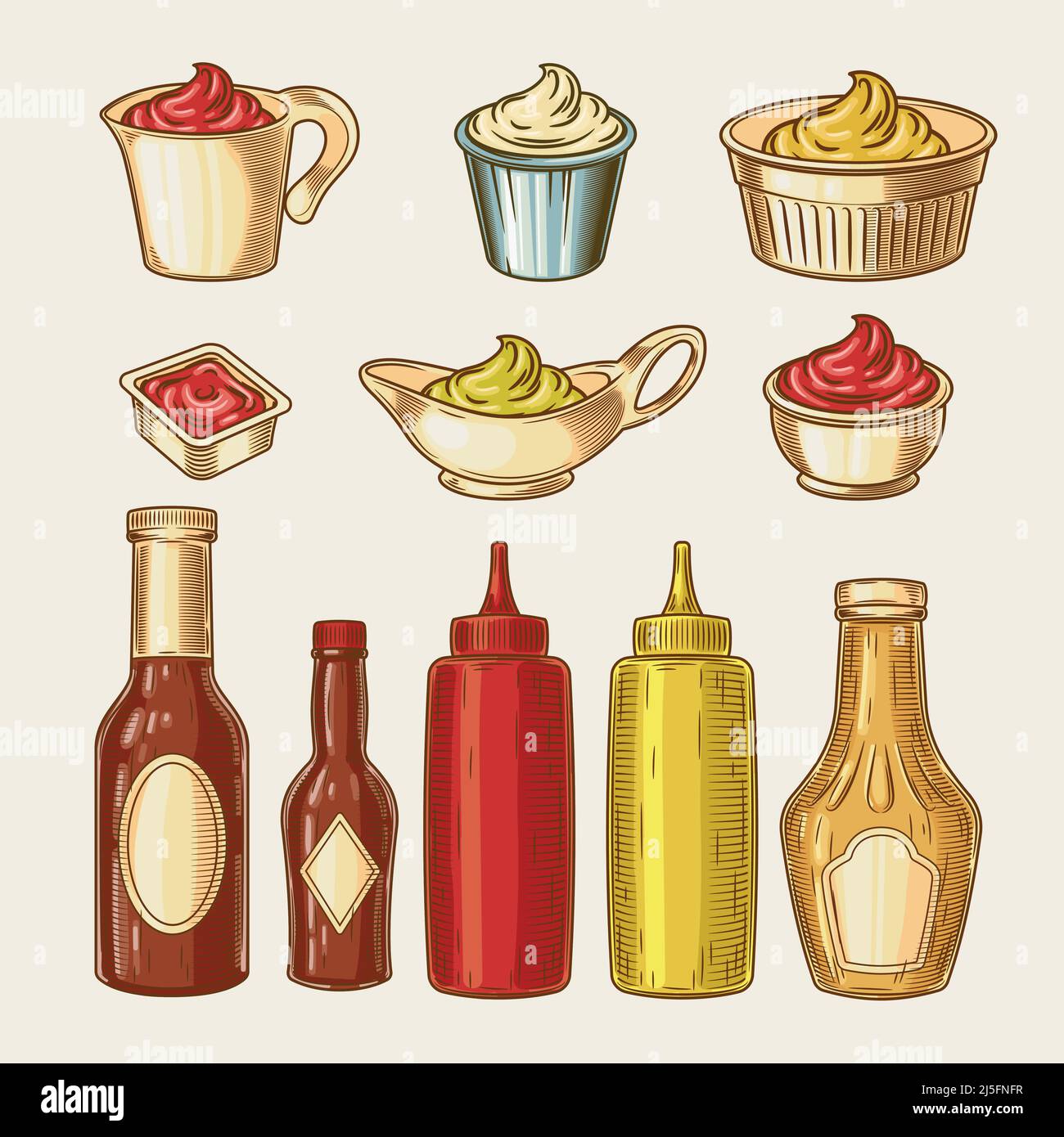 Vector illustration of an engraving style set of different sauces in saucepans and bottles. Ketchup, yogurt, sour cream, mayonnaise, mustard, tar tare Stock Vector