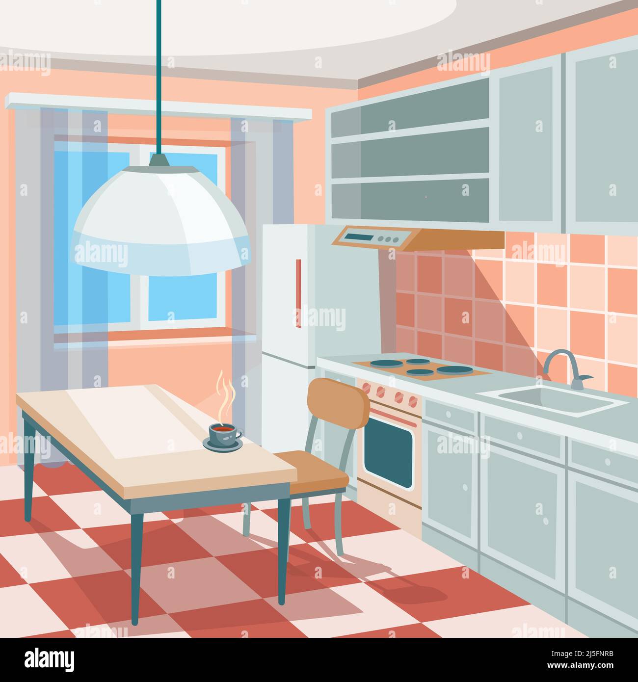 Vector cartoon illustration of a kitchen interior with kitchen cabinets, a dining table with a cup of hot coffee or tea, a refrigerator, a cooker, a k Stock Vector