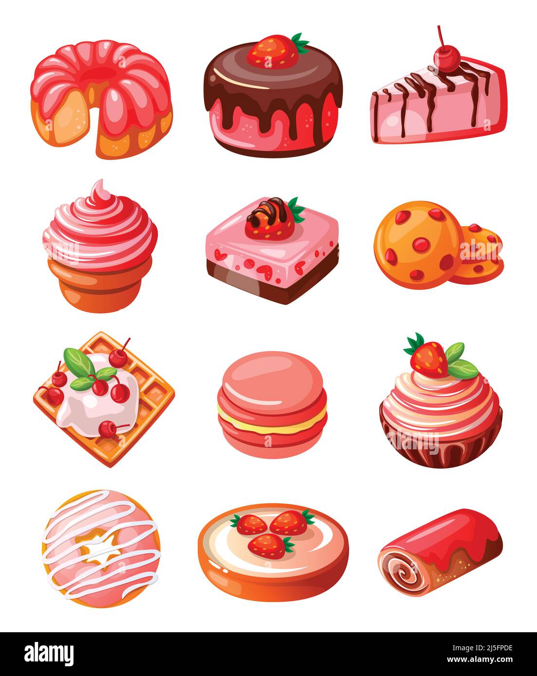 Vector set of icons isolated decorative cakes, biscuits and sweets Stock Vector