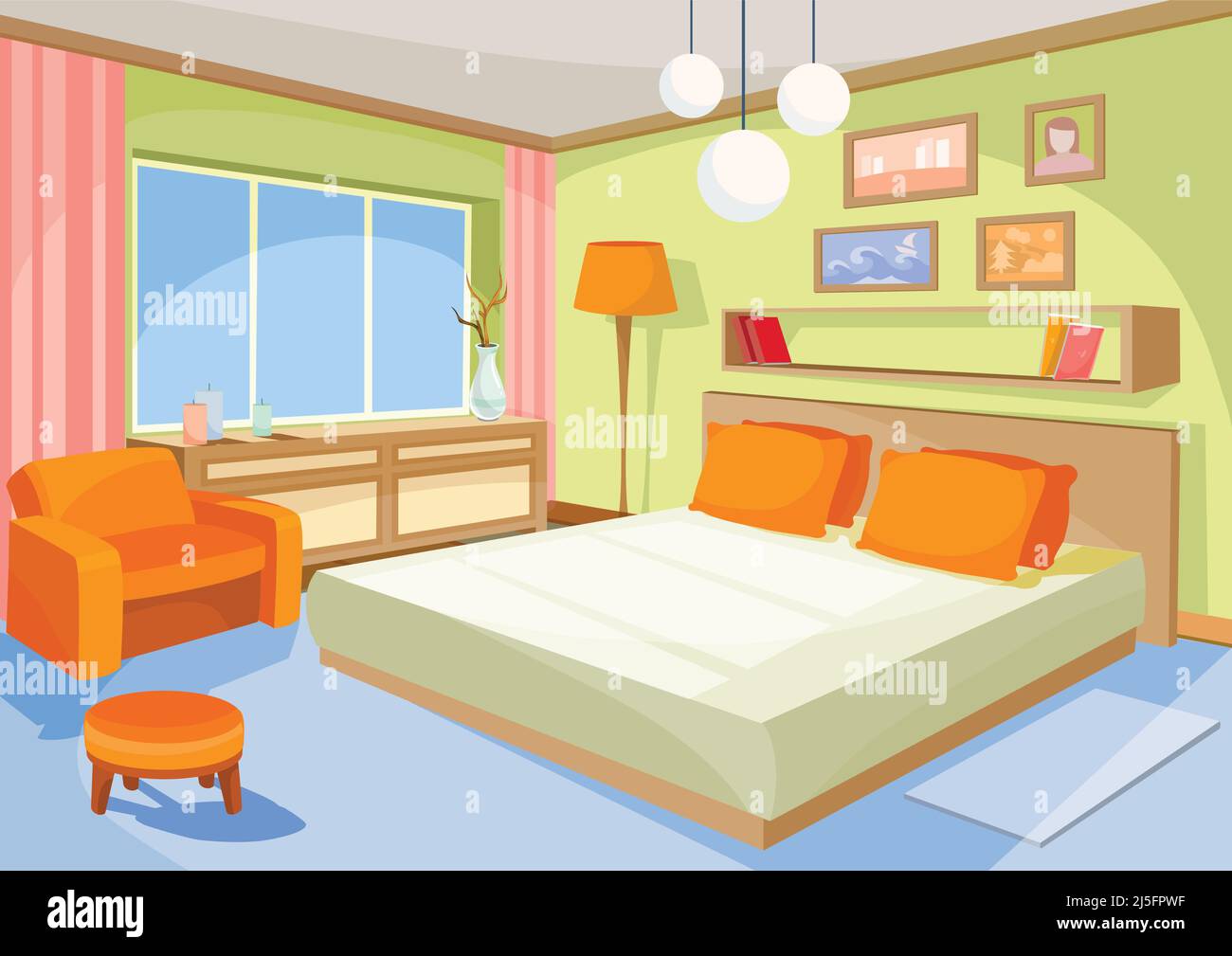 Vector cartoon illustration interior orange-blue bedroom, a living room ...