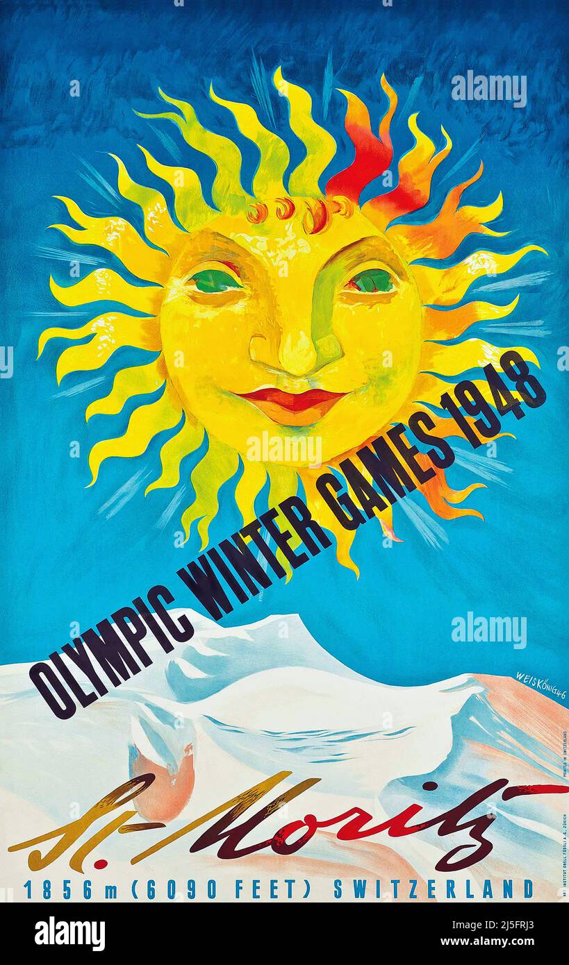 Vintage 1940s Switzerland Olympic Games Poster - Olympic Winter Games 1946 St. Moritz Stock Photo