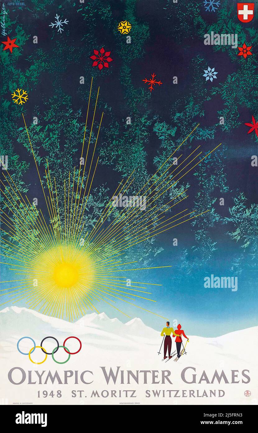 Vintage 1940s Switzerland Olympic Games Poster - Olympic Winter Games 1948 St. Moritz Stock Photo