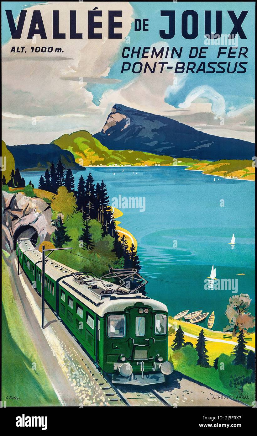 Vintage Swiss Rail Travel Poster  - Vallée de Joux Chemin de Fer - By  Louis Koller Stock Photo