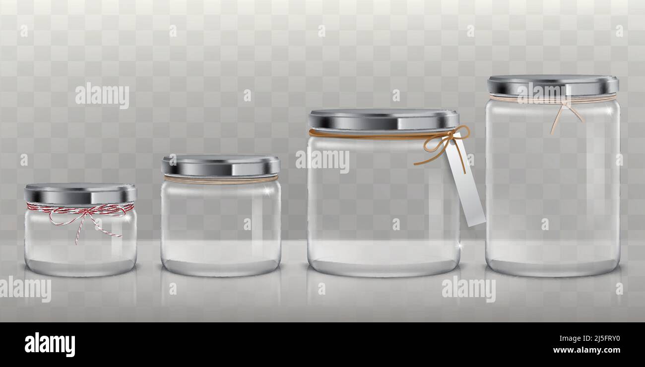 Set of vector realistic 3D illustrations of transparent glass jars for storage of food products, canning and preserving, isolated on a transparent bac Stock Vector