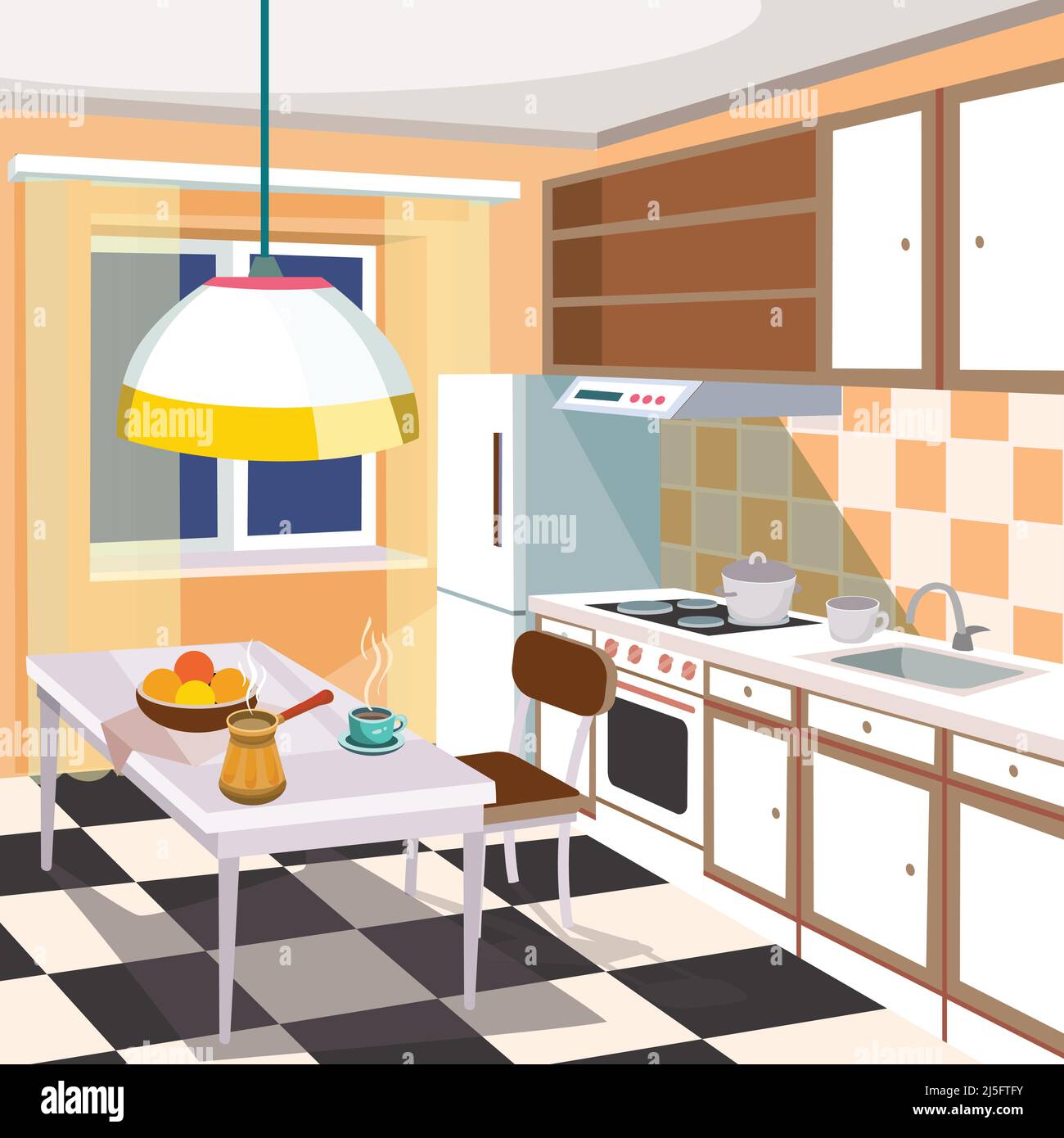 Vector cartoon illustration of a retro kitchen interior with kitchen cabinets, a dining table with a cup of hot coffee and fruits, a refrigerator, a c Stock Vector