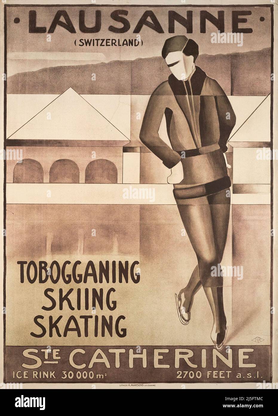 Lausanne, 'Sledging, ice-skating and skiing at Ste Catherine over Lausanne'. A fine Art deco winter sport poster by  Violette Rossett ca. 1930 Stock Photo