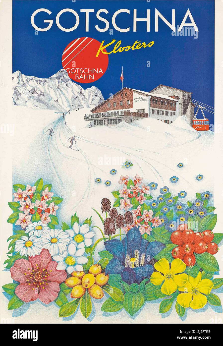 Vintage Ski Poster- GOTSCHNA, KLOSTERS Stock Photo