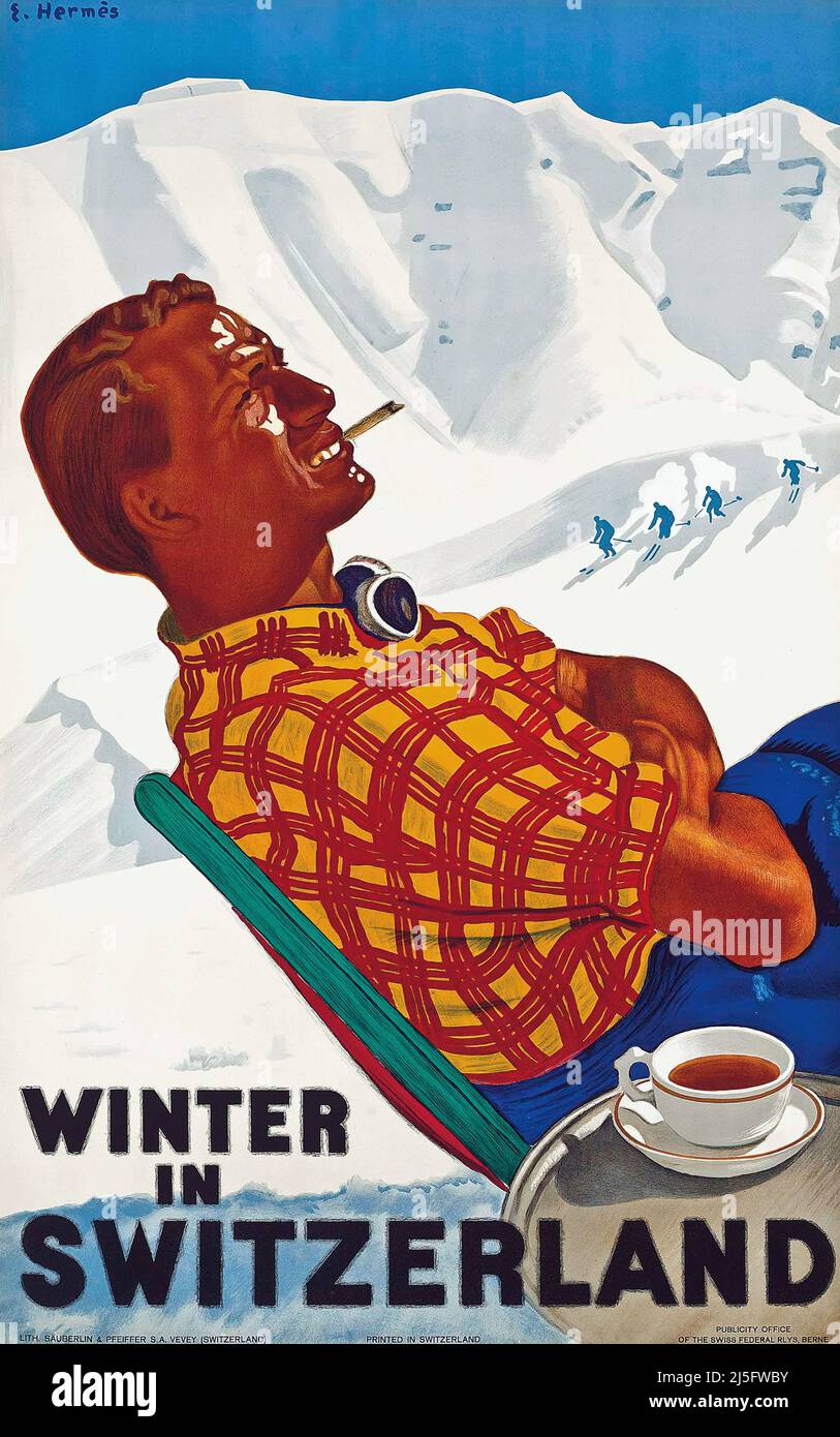 Vintage Travel Poster - Winter Sport - Erich Hermes - Vintage Ski Poster Winter In Switzerland Swiss Railways Travel Sport 1938 Stock Photo