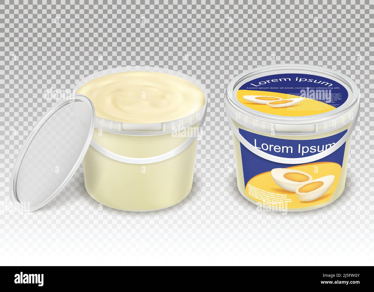 Vector realistic illustration of plastic transparent buckets with food - mayonnaise, sour cream, yogurt, cottage cheese, sauce, ice cream. Set contain Stock Vector