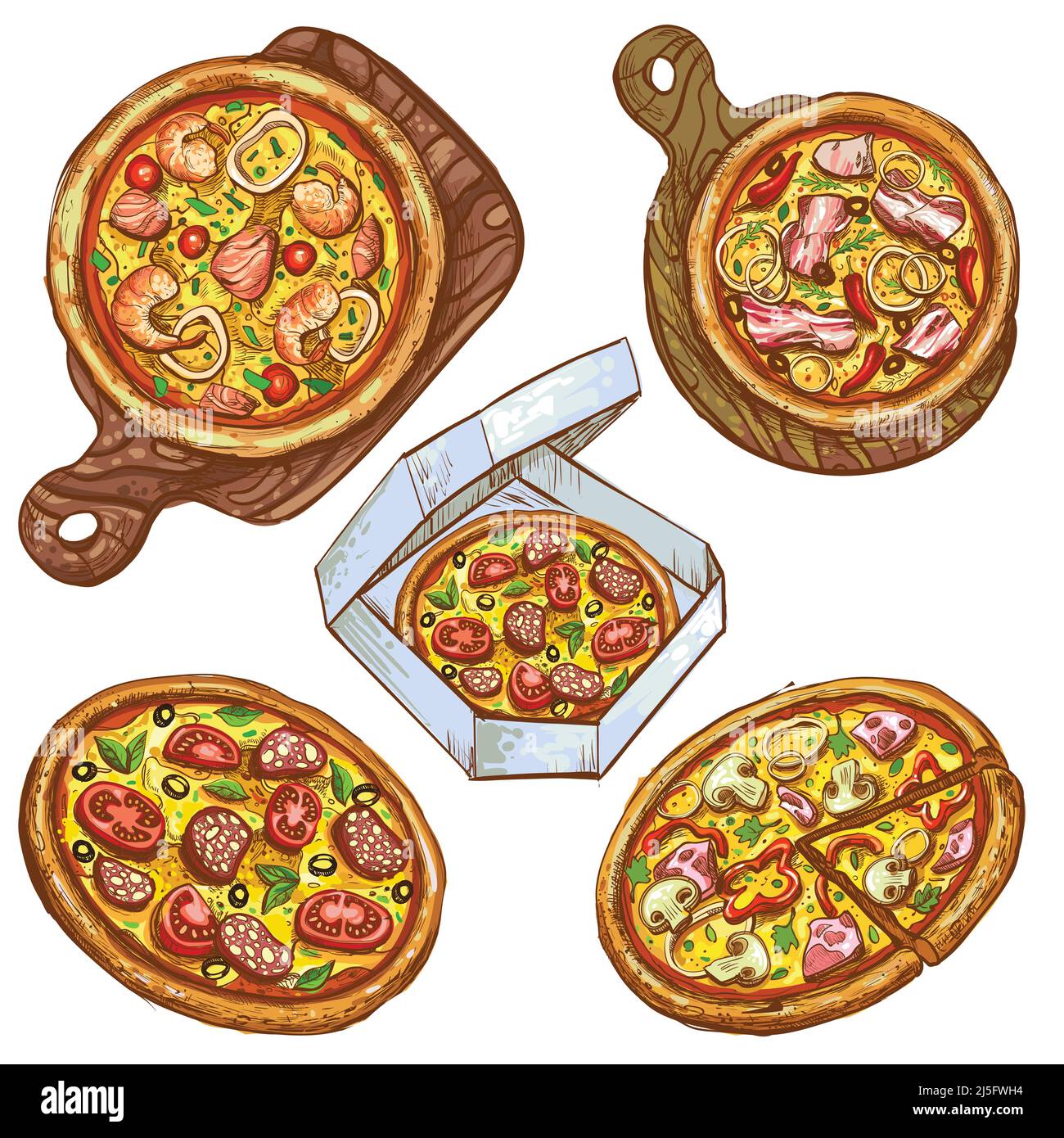 Set of vector color illustrations, whole pizza and slice, pizza on wooden board, pizza in box for delivery. Prints, templates, design elements for men Stock Vector