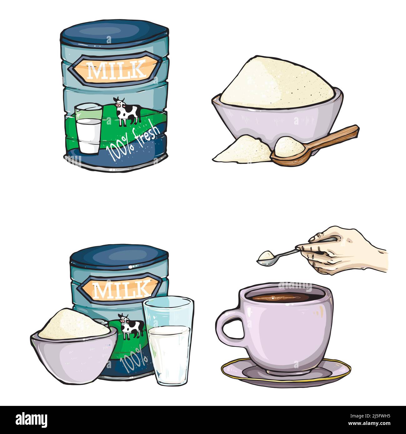 Vector set of cartoon illustration of milk powder in a closed aluminum