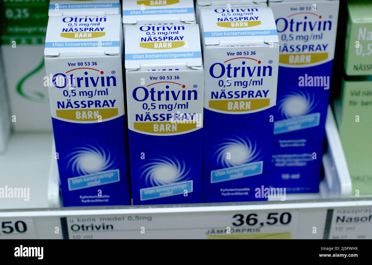 Otrivin 0,5 mg/ml photographed in a pharmacy. Stock Photo
