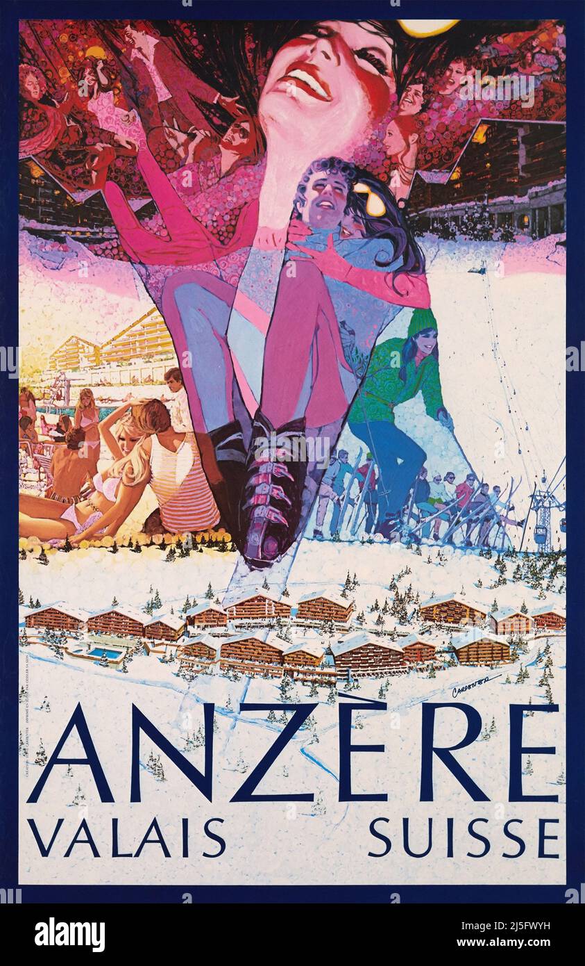 Vintage 1970s Travel Poster - Anzere Valais Suisse - By  Steve Carpenter 1974 Stock Photo