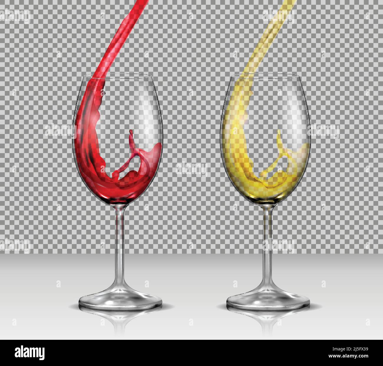 Set of vector illustrations of transparent glass wine glasses with white and red wine pouring in them, isolated. Print, template, design element Stock Vector