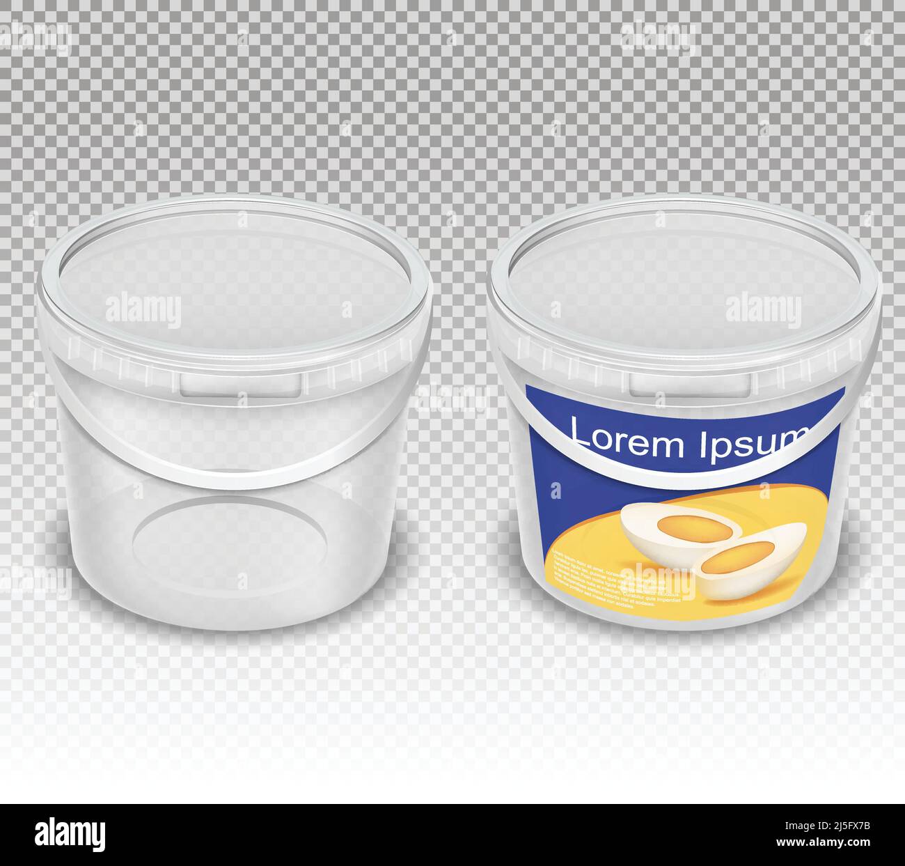Vector realistic illustration of empty plastic transparent buckets for food - mayonnaise, sour cream, yogurt, cottage cheese, sauce, ice cream. Set of Stock Vector