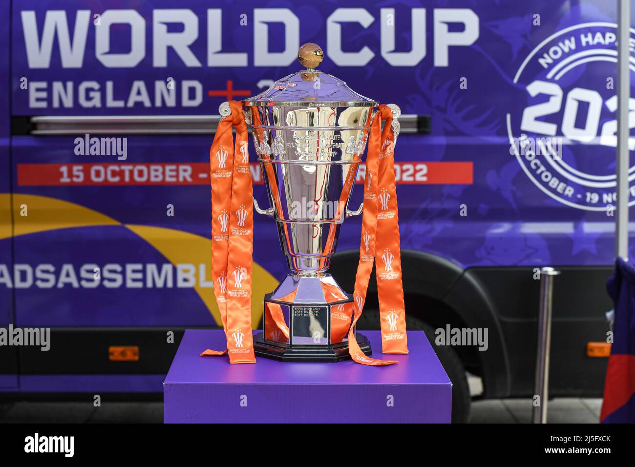 The Rugby League World Cup trophies on display in Warrington town centre before the Betfred Super League game between Warrington Wolves and Huddersfield Giants Stock Photo