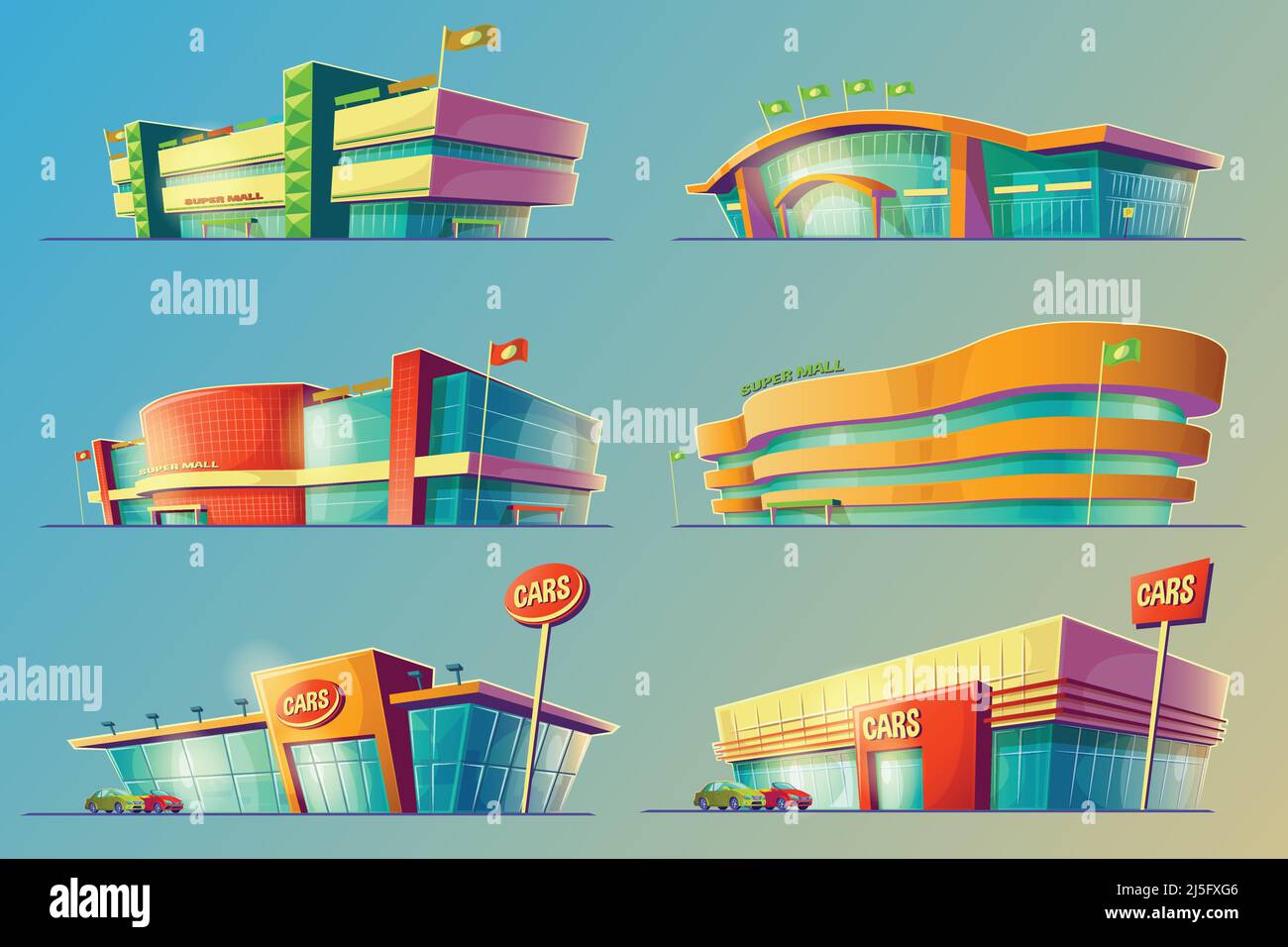 Set of vector cartoon illustrations, various supermarket buildings, shops and car dealership. Icons of modern large malls, stores. Print, template, de Stock Vector