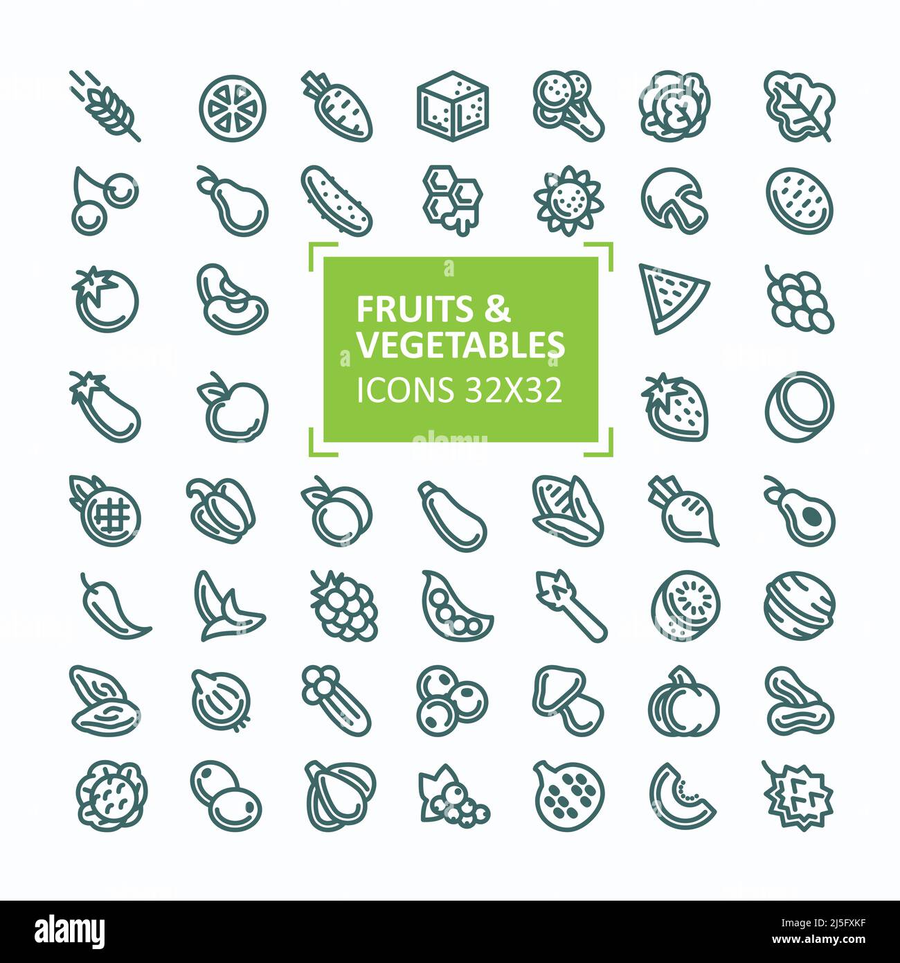 Set of Pixel Art Green Vegetables Icon. 32x32 Pixels Stock Vector