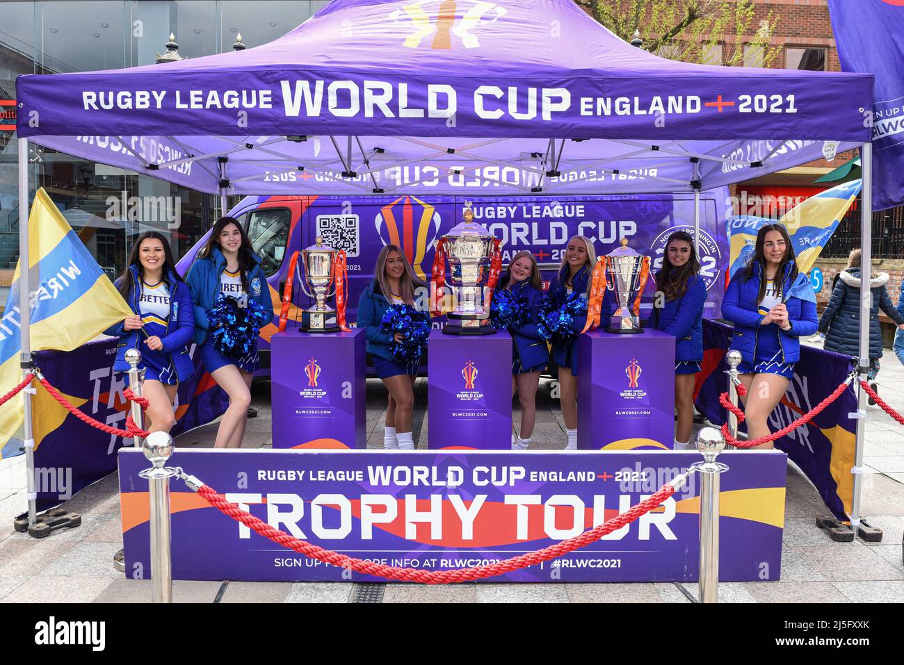 The Rugby League World Cup trophies on display in Warrington town centre before the Betfred Super League game between Warrington Wolves and Huddersfield Giants Stock Photo