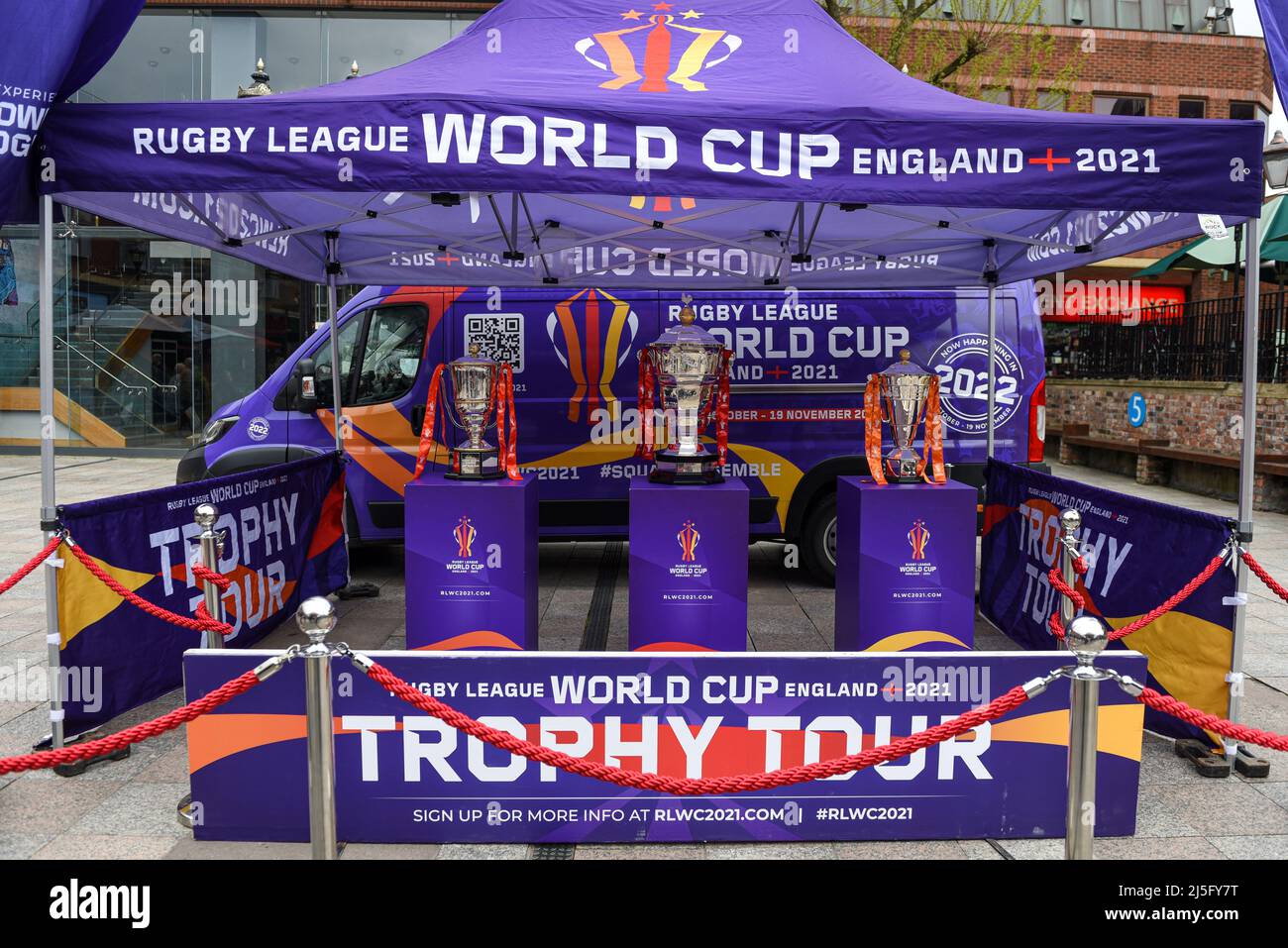 Warrington, UK. 23rd Apr, 2022. The Rugby League World Cup trophies on display in Warrington town centre before the Betfred Super League game between Warrington Wolves and Huddersfield Giants in Warrington, United Kingdom on 4/23/2022. (Photo by Simon Whitehead/News Images/Sipa USA) Credit: Sipa USA/Alamy Live News Stock Photo