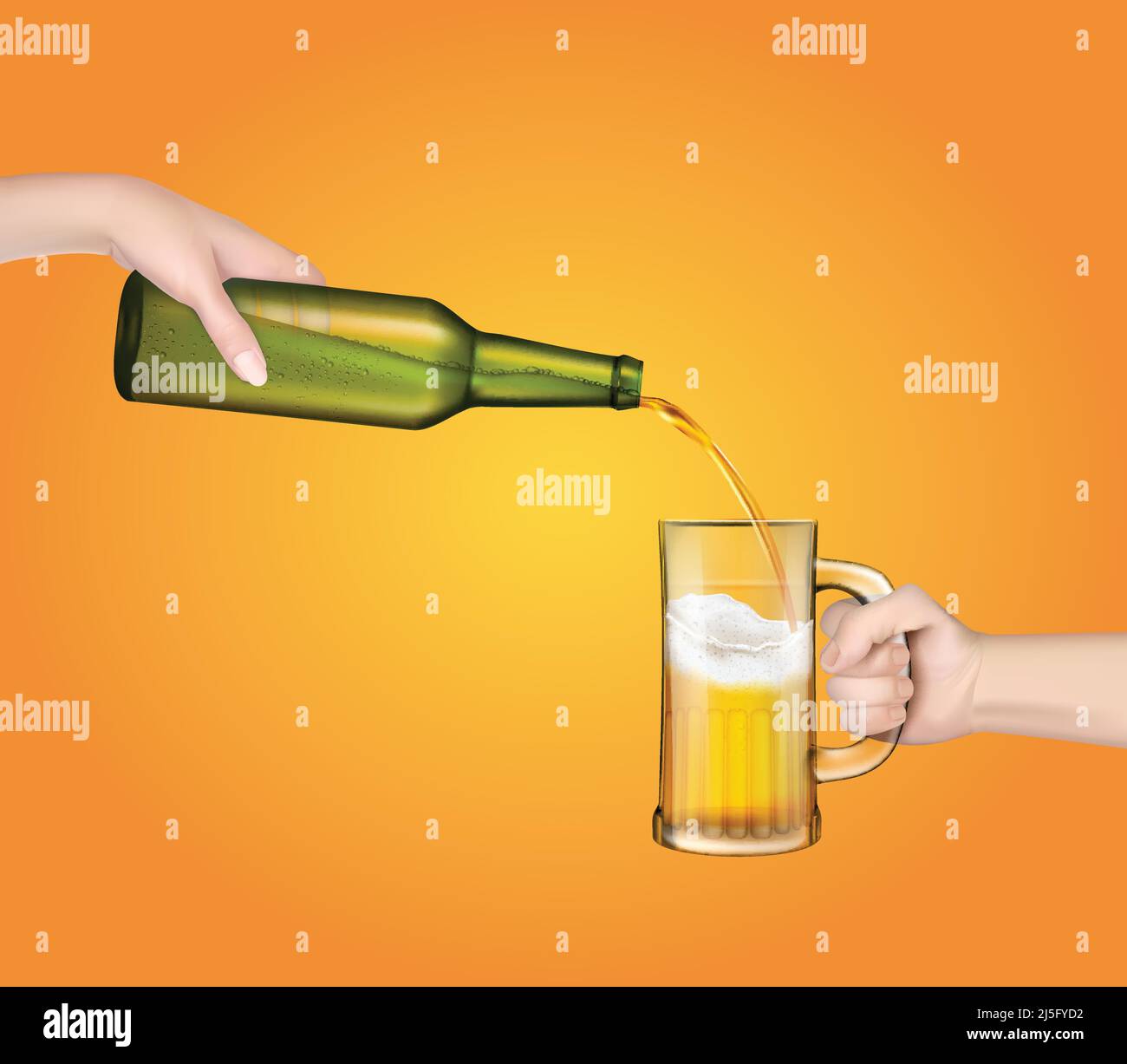 Vector illustration of a cold barley beer pouring from a bottle into a transparent glass in a realistic style. Stock Vector