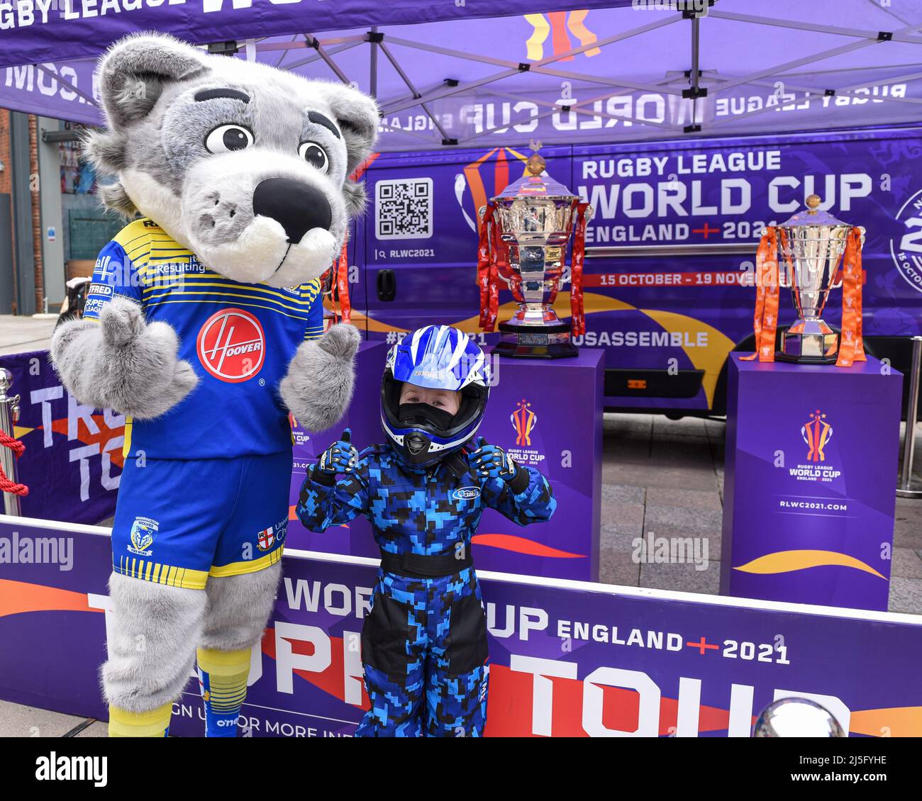 Warrington, UK. 23rd Apr, 2022. Wolfie and Whizzy Rascal attend the fan zone before the game in Warrington, United Kingdom on 4/23/2022. (Photo by Simon Whitehead/News Images/Sipa USA) Credit: Sipa USA/Alamy Live News Stock Photo