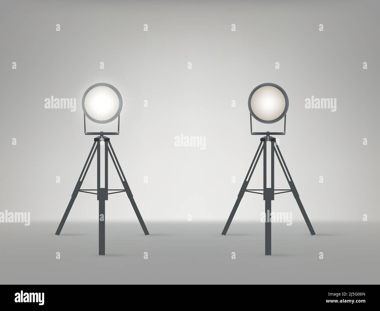Theater, cinema, studio beaming spotlights on a tripod realistic vector illustration. Turned on and off cine lighting units, lightning equipment for p Stock Vector