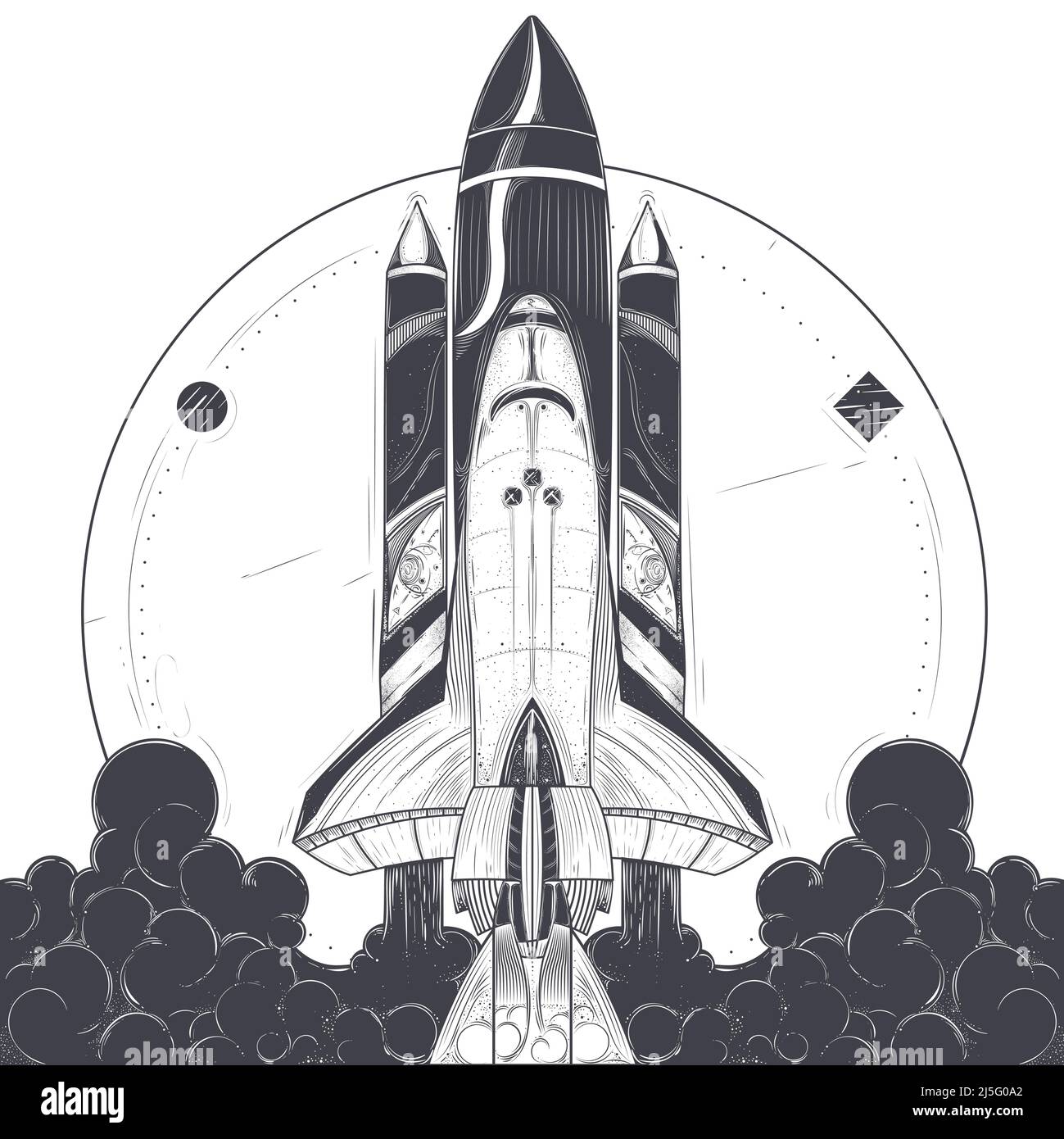 Vector illustration of a space rocket launch. Space travel to the stars ...