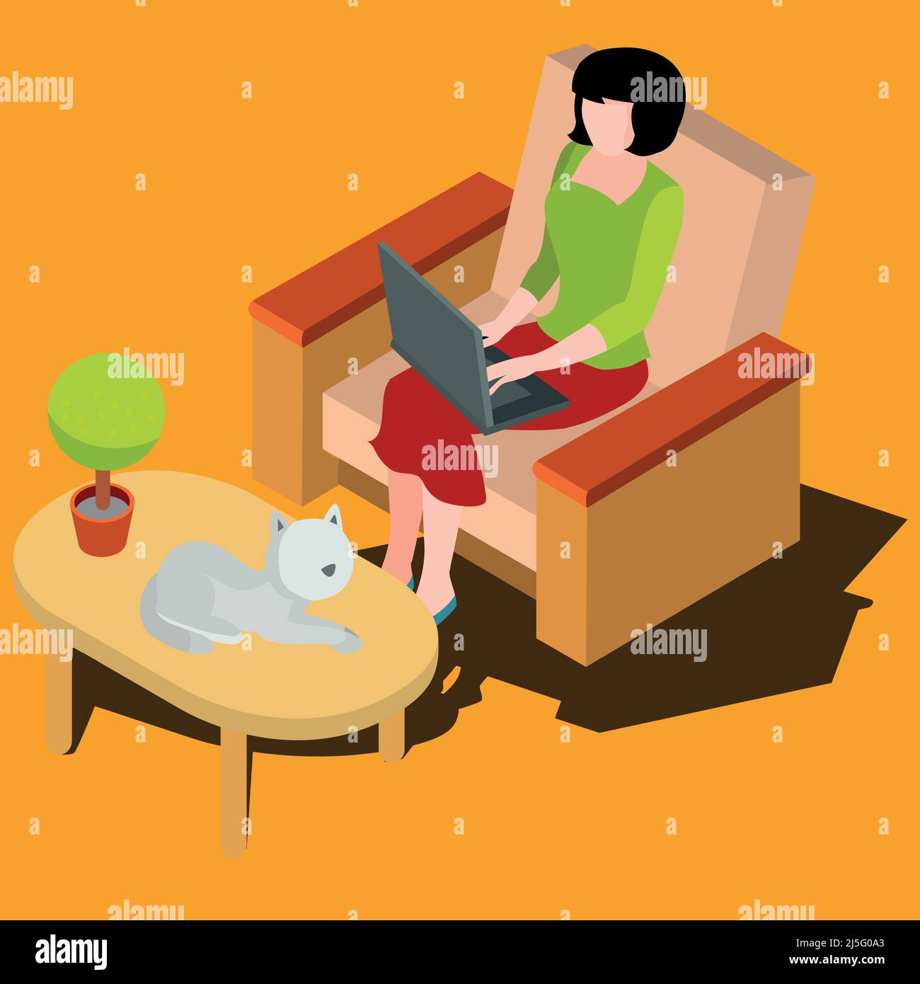 Woman sitting on the armchair, typing on keyboard, working on laptop isometric vector illustration. Female pc user, home work, distant work or study, Stock Vector