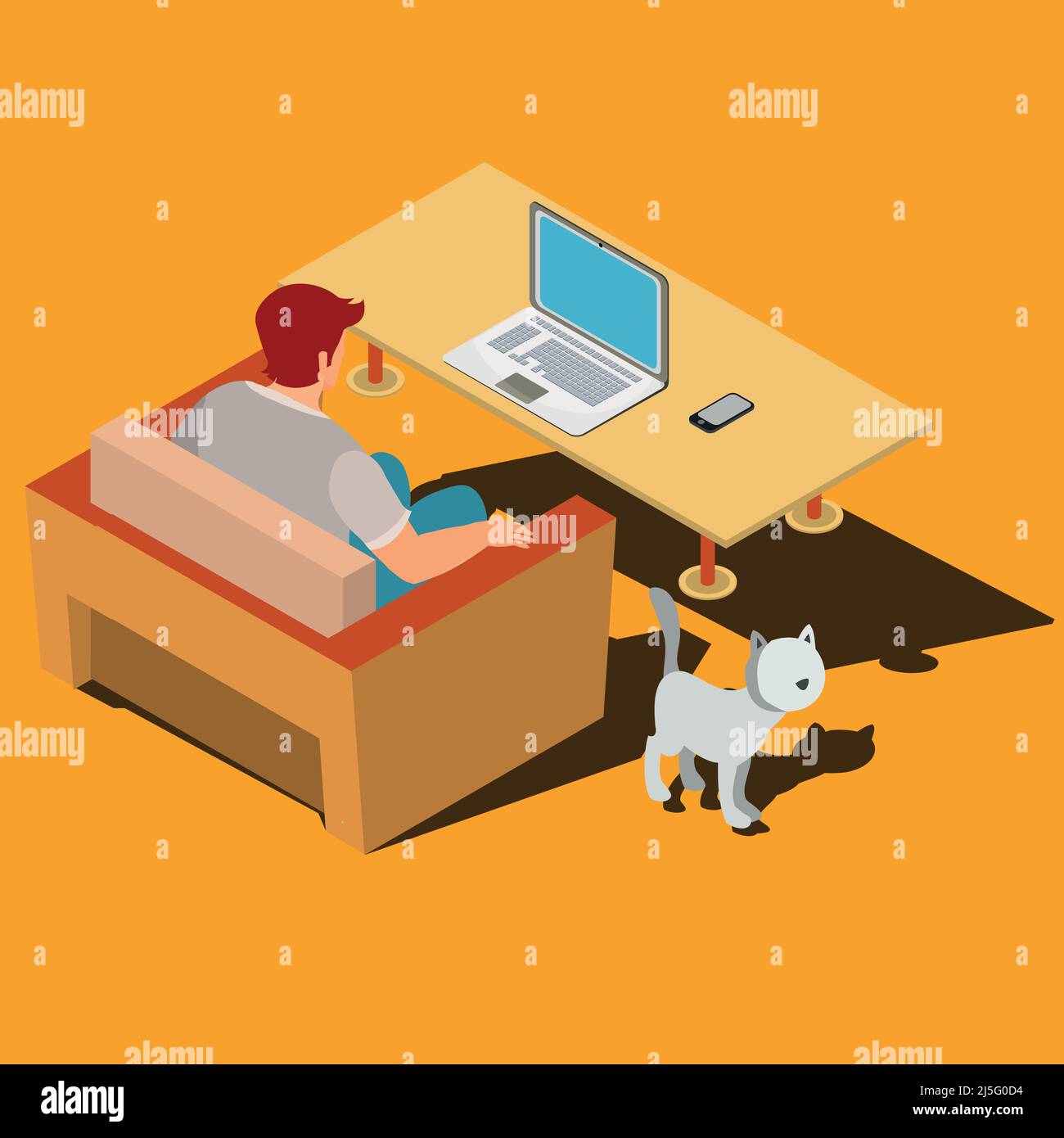 Man sitting on the armchair at desk, looking at the monitor, working on laptop isometric vector