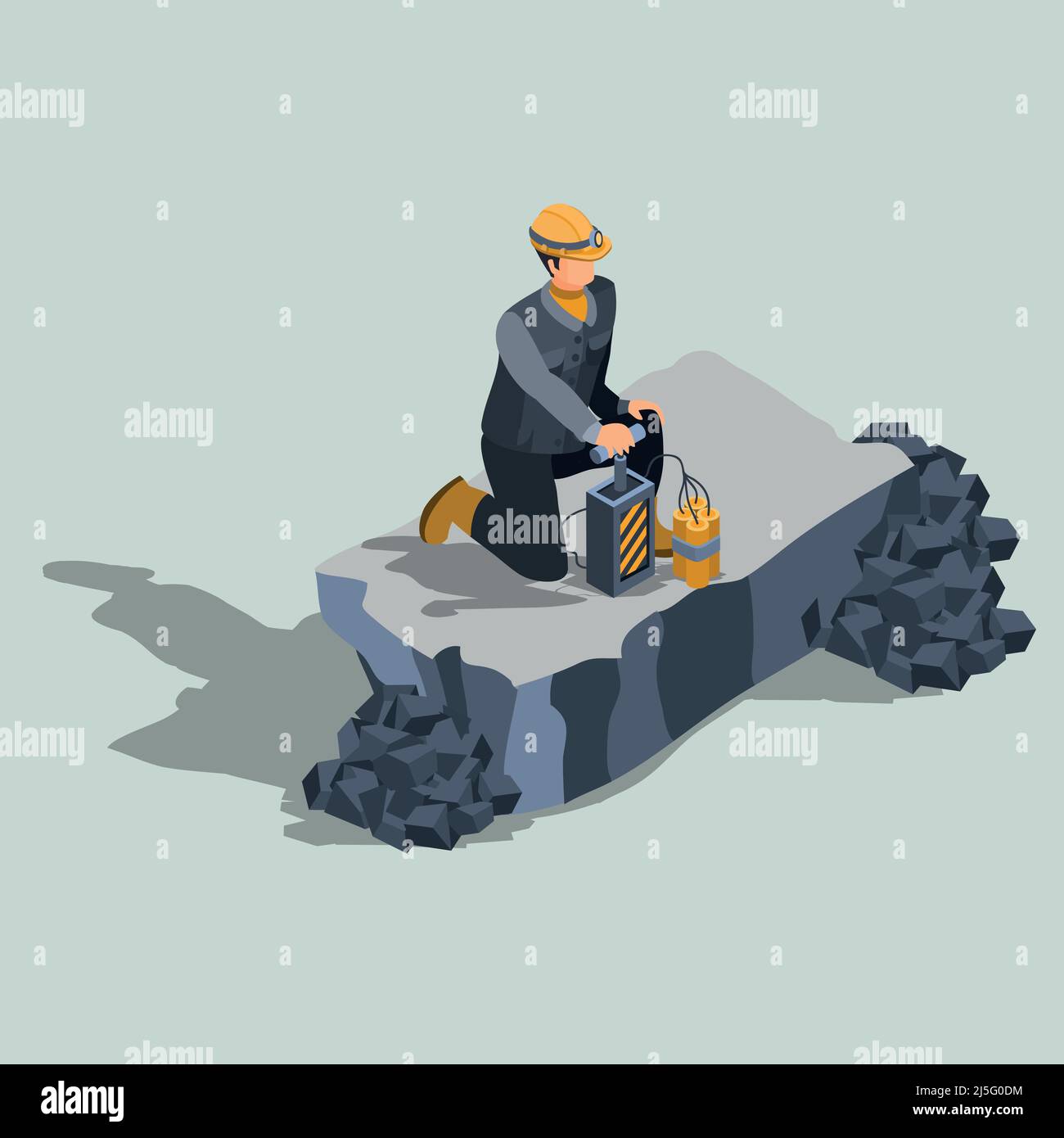 Explosives worker, ordnance handling expert, constriction or quarry   blaster in protective helmet, standing on a knee near remote control dynamite de Stock Vector
