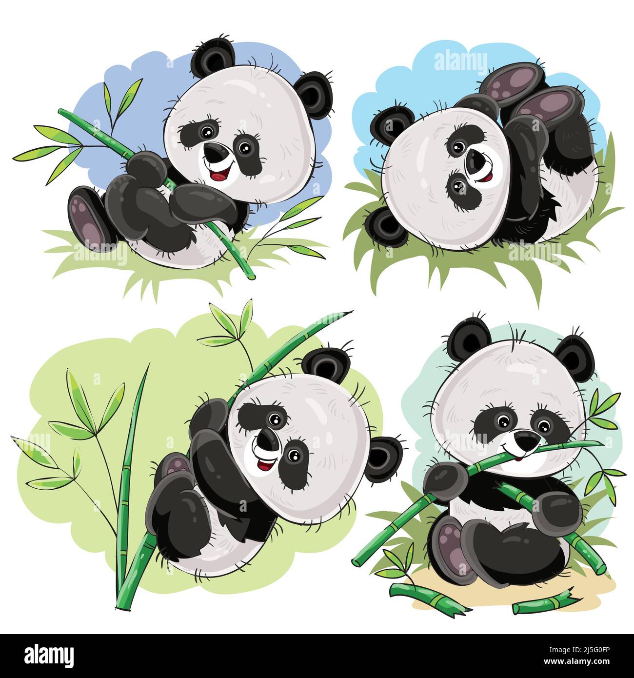 Funny panda bear baby playing on grass, climbing on bamboo stem, eating bamboo branch cartoon vectors set isolated on white background. Cute wild anim Stock Vector