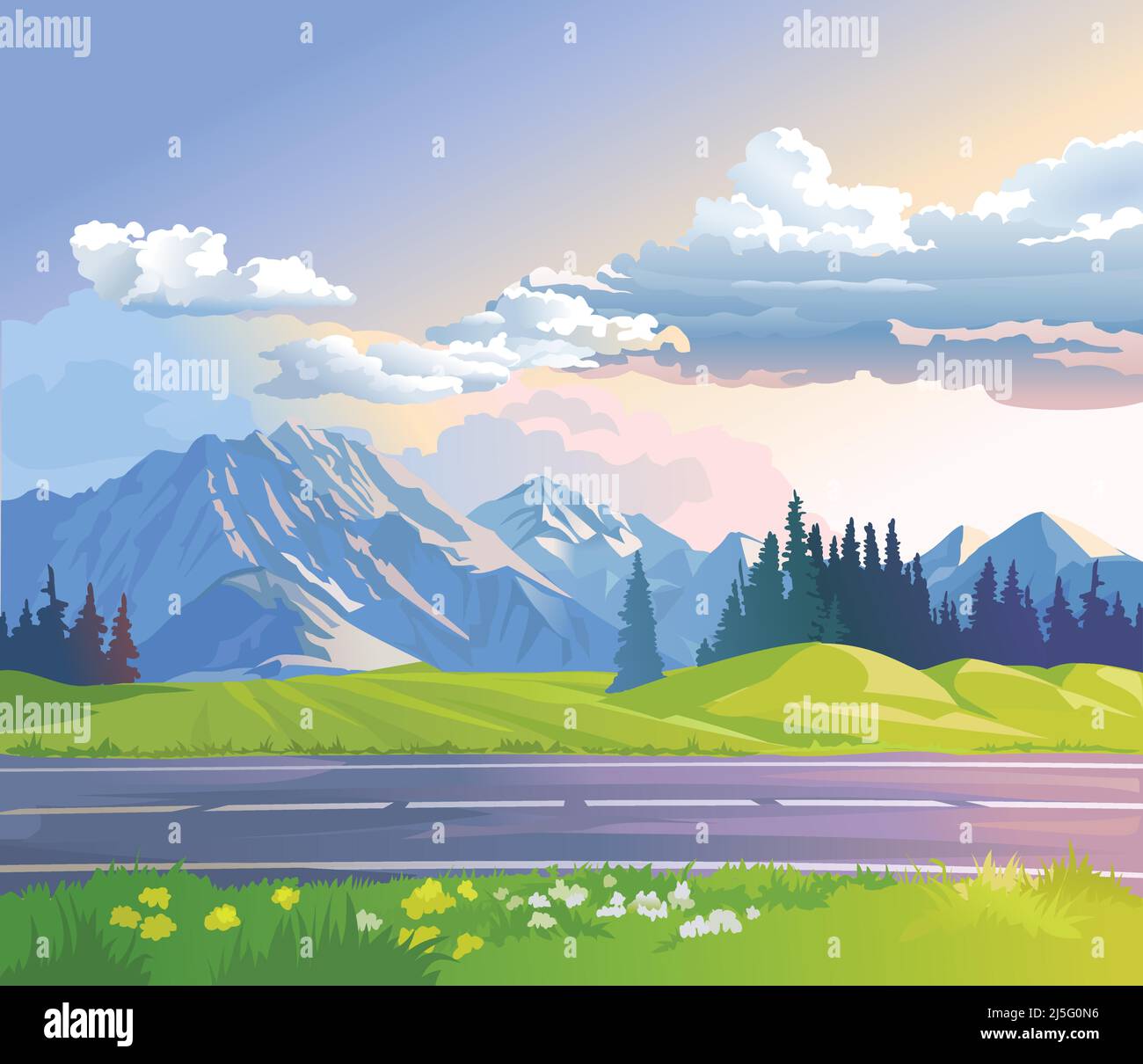 Vector illustration of a mountain landscape with coniferous forest ...