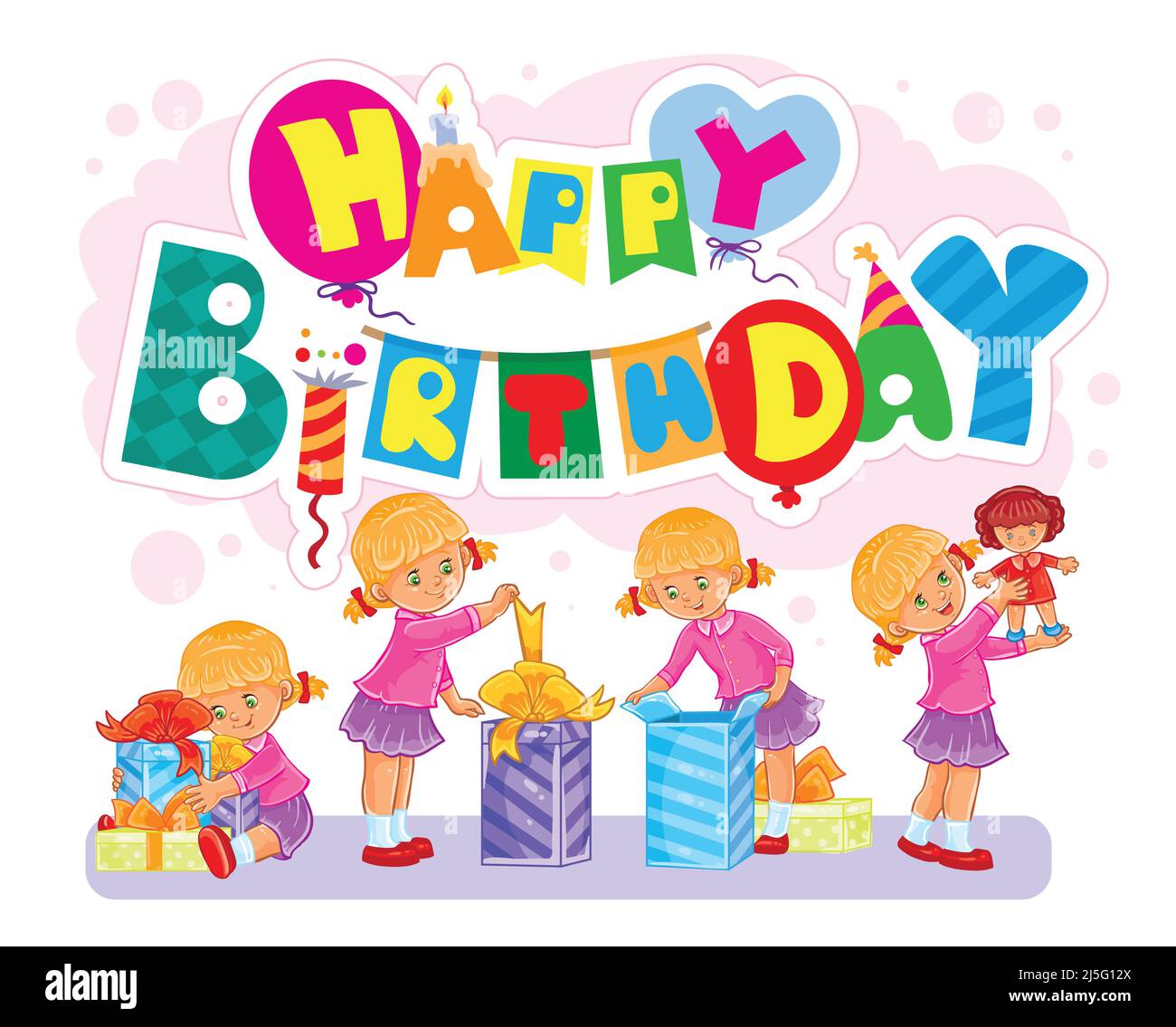 Vector illustration of a little girl opens gifts. Template for Happy ...