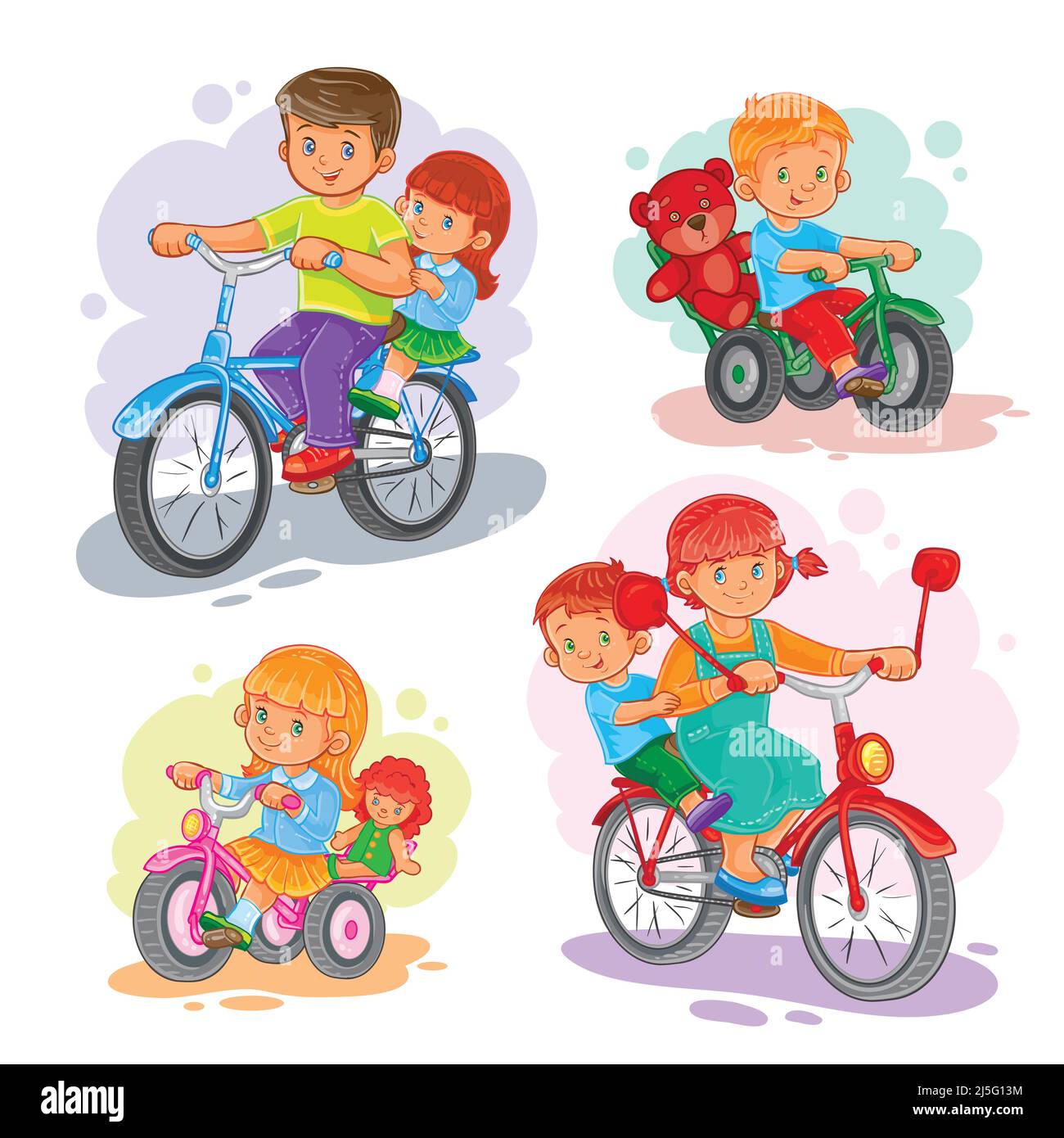 A set of vector icons of small children ride bikes Stock Vector