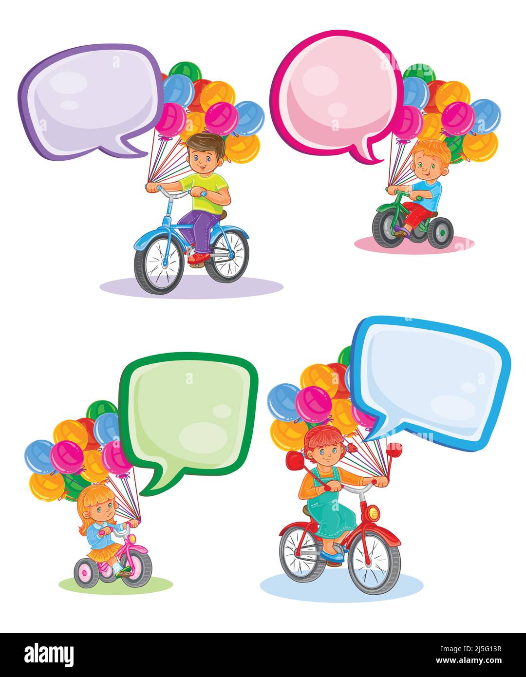 A set of vector icons of small children ride bikes with speech bubbles Stock Vector