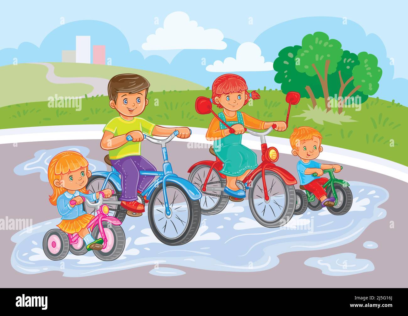 Vector illustration of young children ride bicycles in park Stock Vector