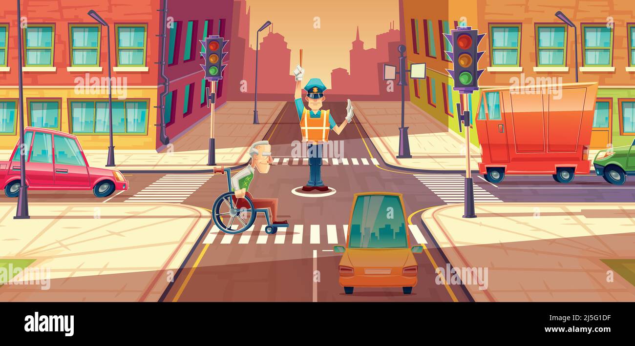 Vector illustration of crossing guard adjusting transport moving, city crossroads with pedestrian, disabled person. Urban highway regulation, crosswal Stock Vector