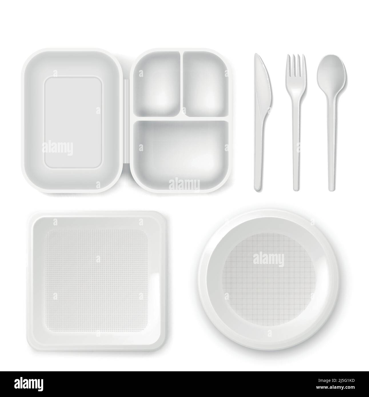Disposable plastic dishware plates and cutlery vector illustration. 3D