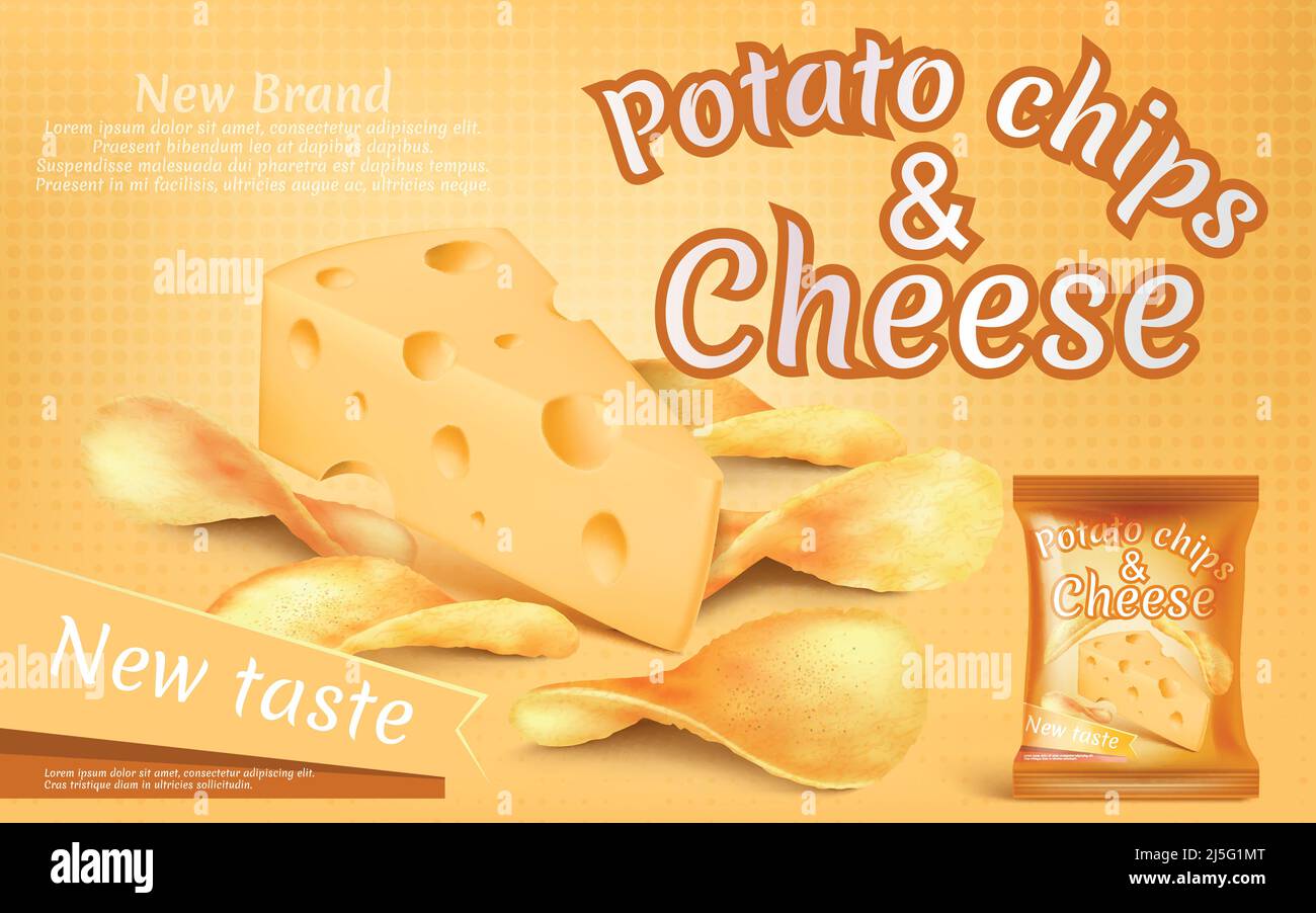 Vector promotion banner with realistic potato chips and piece of cheese ...