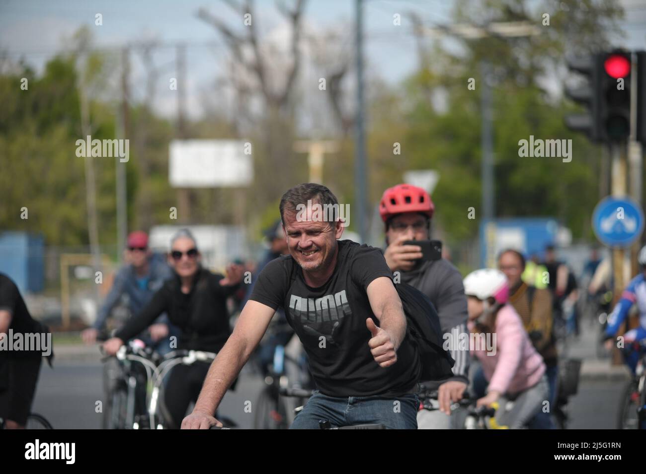 Budapest , Hungary , 23th APR 2022, Cyclist rally across Budapest in ...