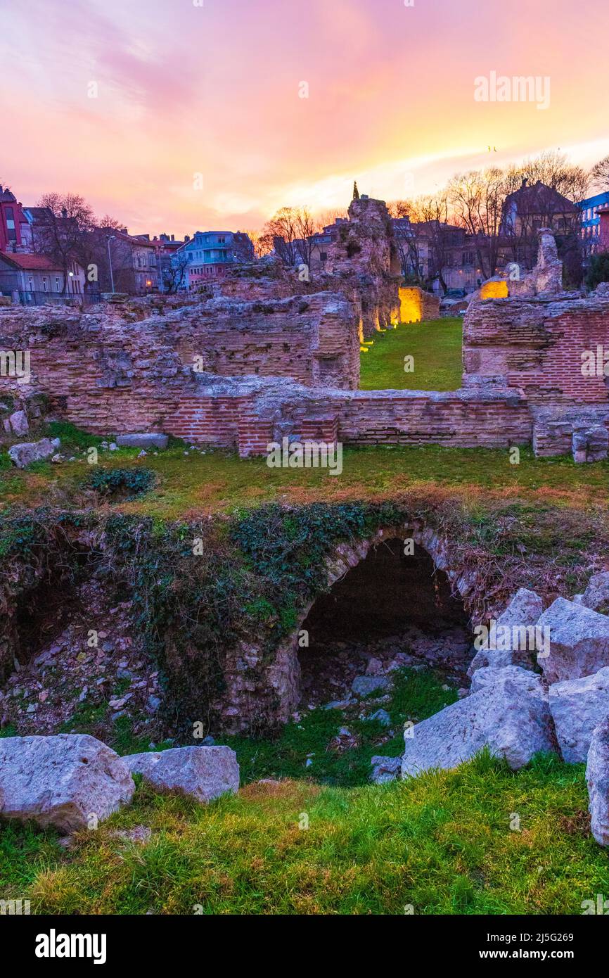Night view of the ruins of the Roman Thermae in Varna, Bulgaria.The ...