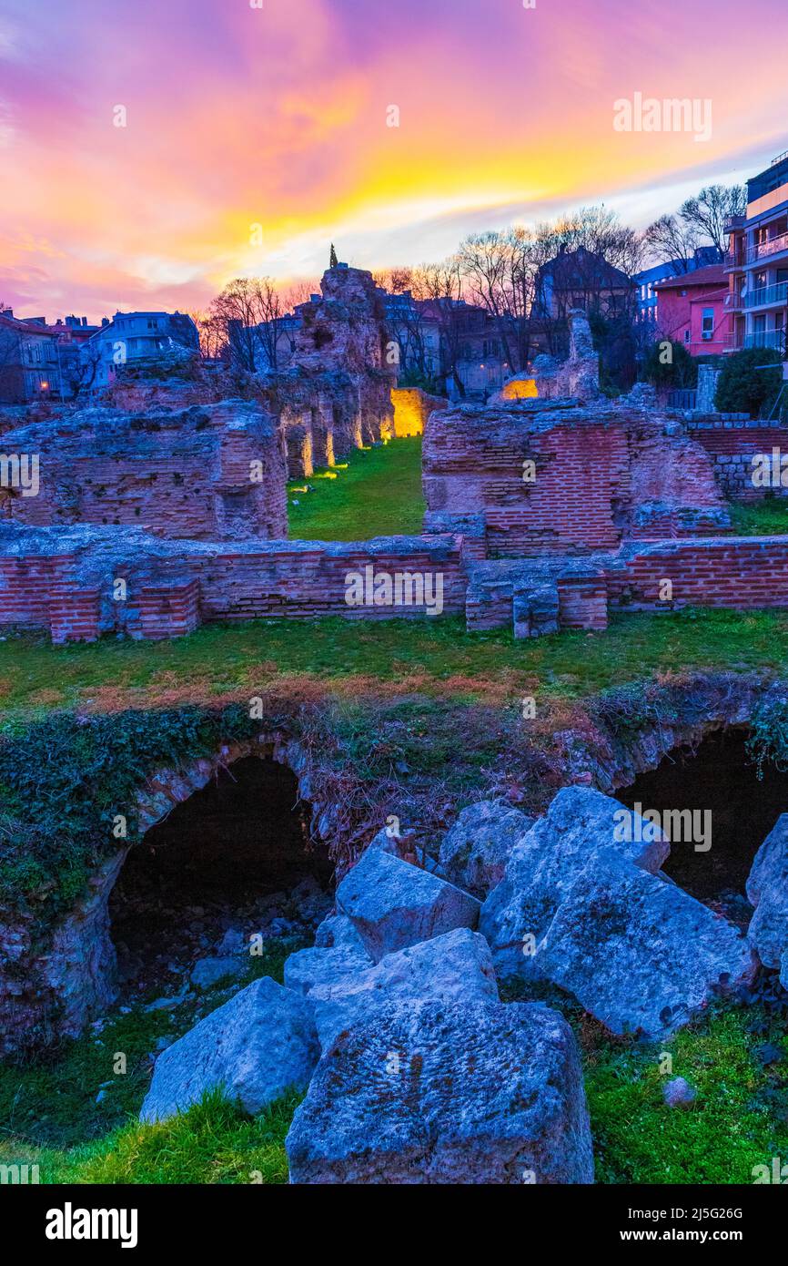 Night view of the ruins of the Roman Thermae in Varna, Bulgaria.The ...